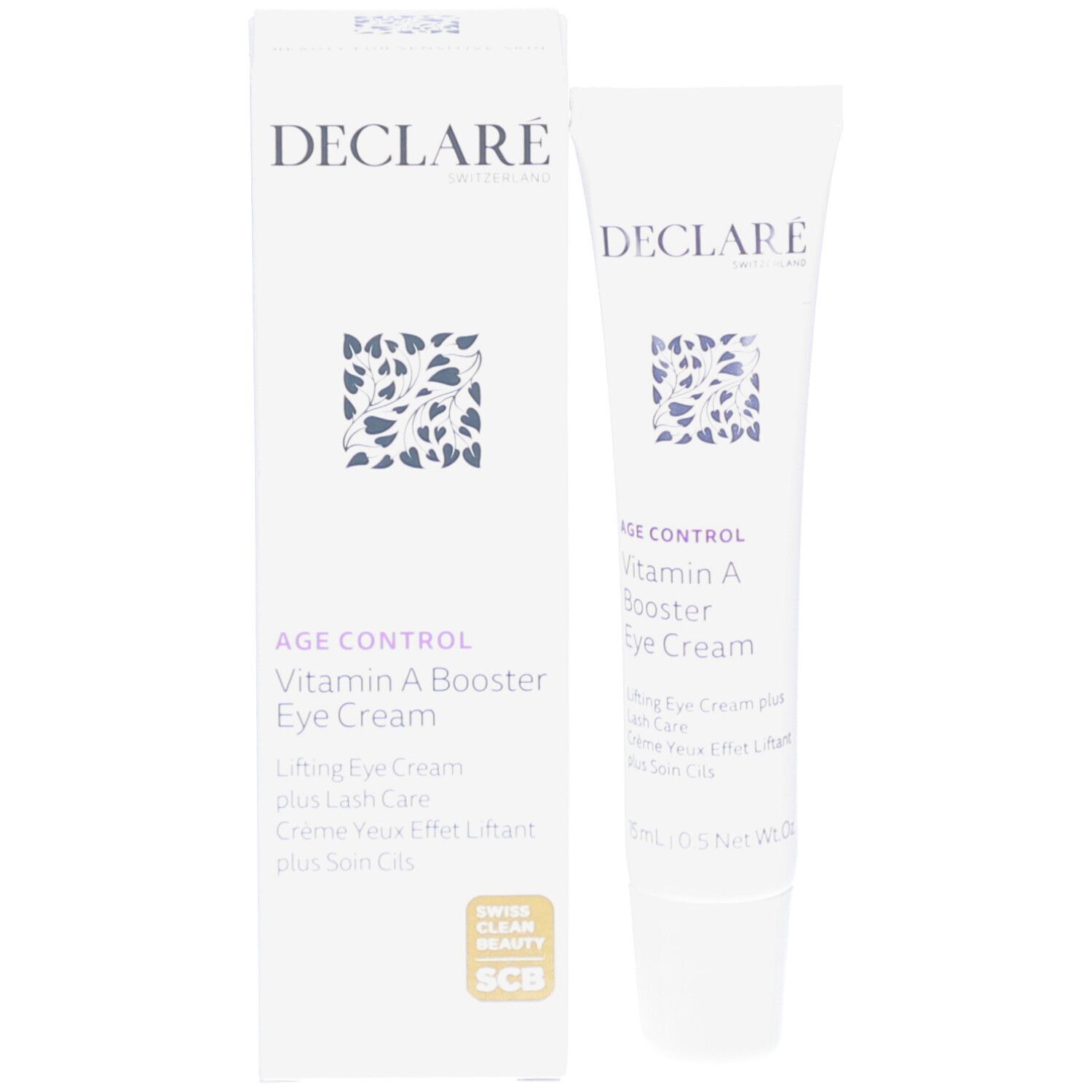 Emballage et tube DECLARÉ Vitamin A Booster Eye Cream. Logo et nom du produit.