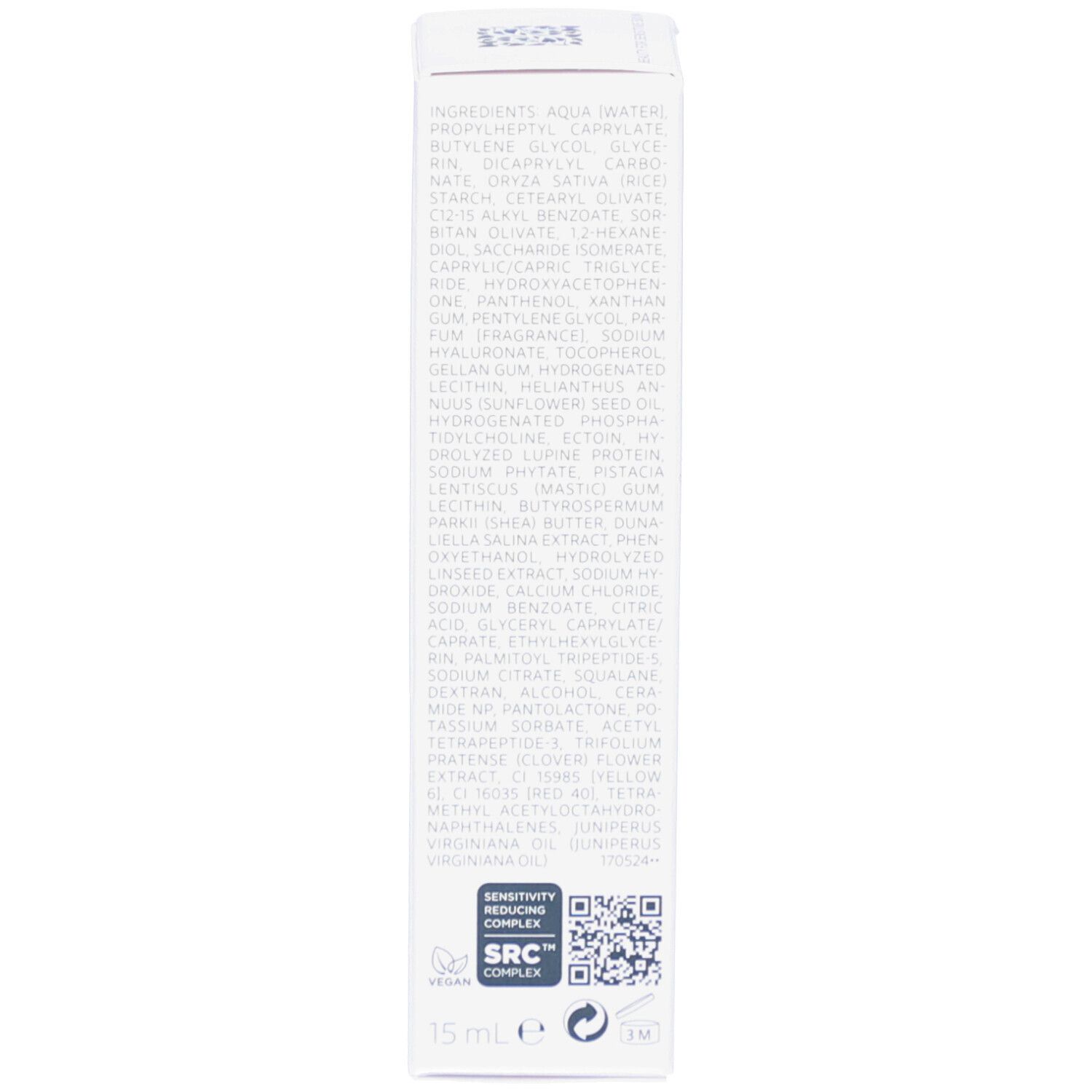 Dos de l'emballage DECLARÉ Vitamin A Booster Eye Cream. Ingrédients et logos.