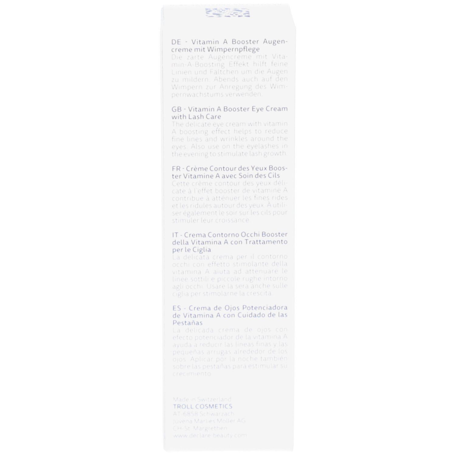 Dos de l'emballage DECLARÉ Vitamin A Booster Eye Cream. Texte en plusieurs langues.