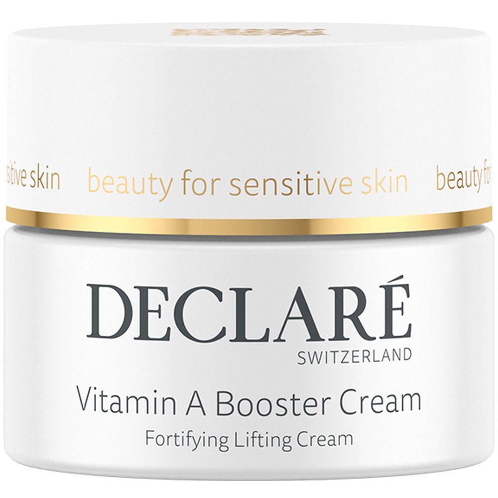 Weißes Tiegel mit goldfarbenem Rand. Aufschrift: DECLARÉ, Vitamin A Booster Cream. Für empfindliche Haut.