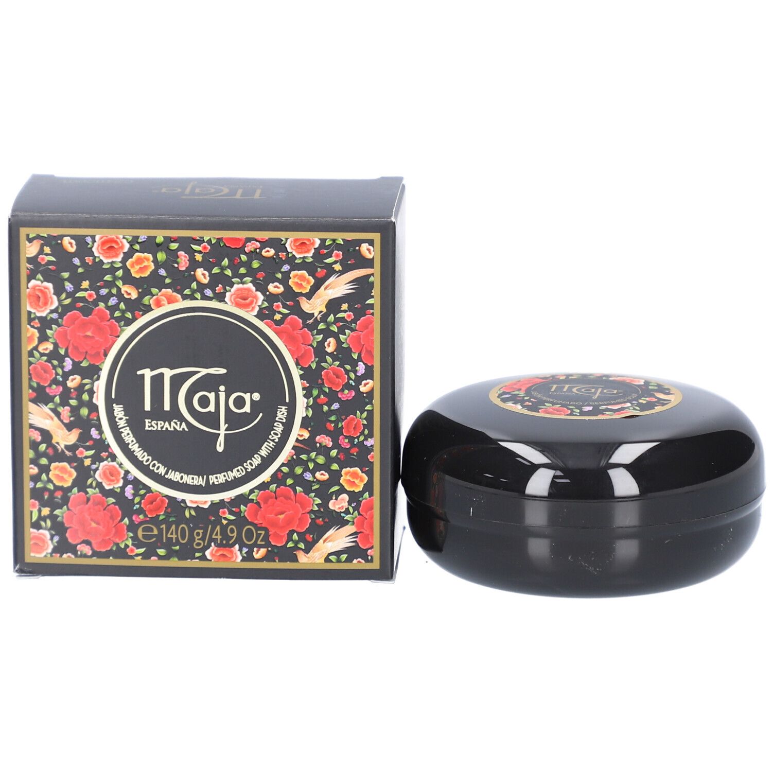 Schwarze ovale Seife mit Verpackung. Verpackung mit Blumenmuster und Logo. Seife mit Logo.