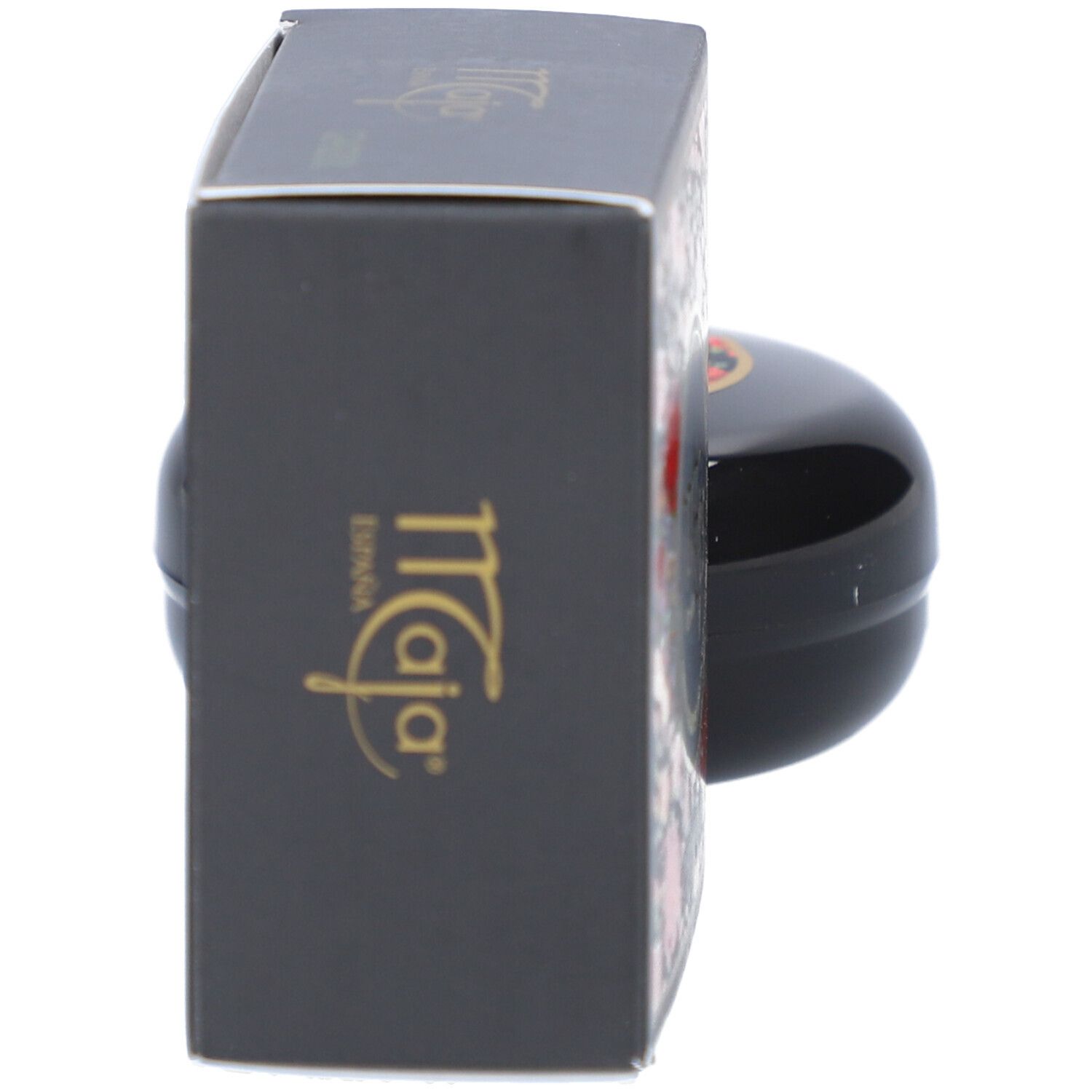 Verpackung der Seife. Schwarze Verpackung mit Logo und Blumenmuster. Goldfarbenes Logo.