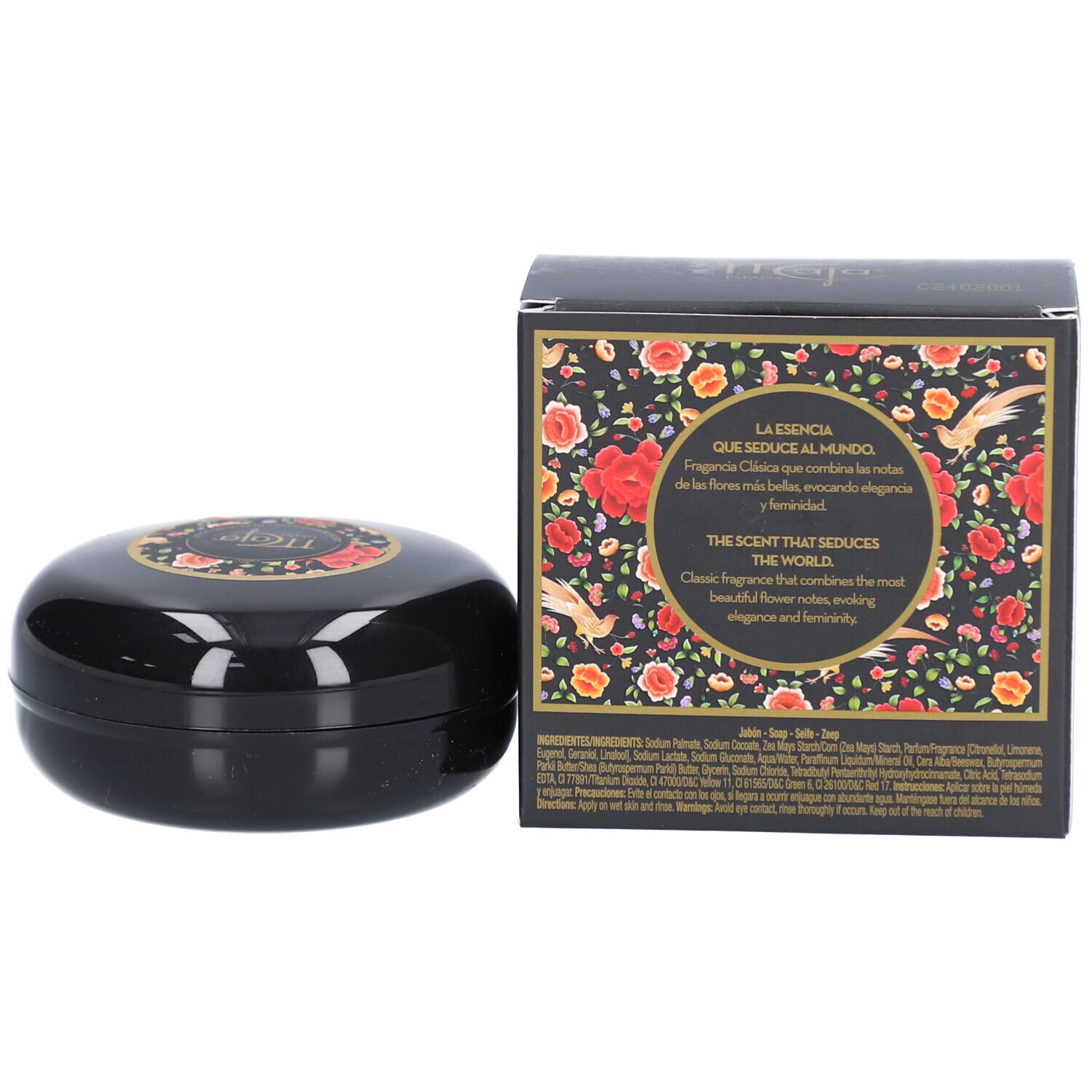 Seife und Verpackung. Schwarze ovale Seife und Verpackung mit Blumenmuster. Text auf Verpackung.