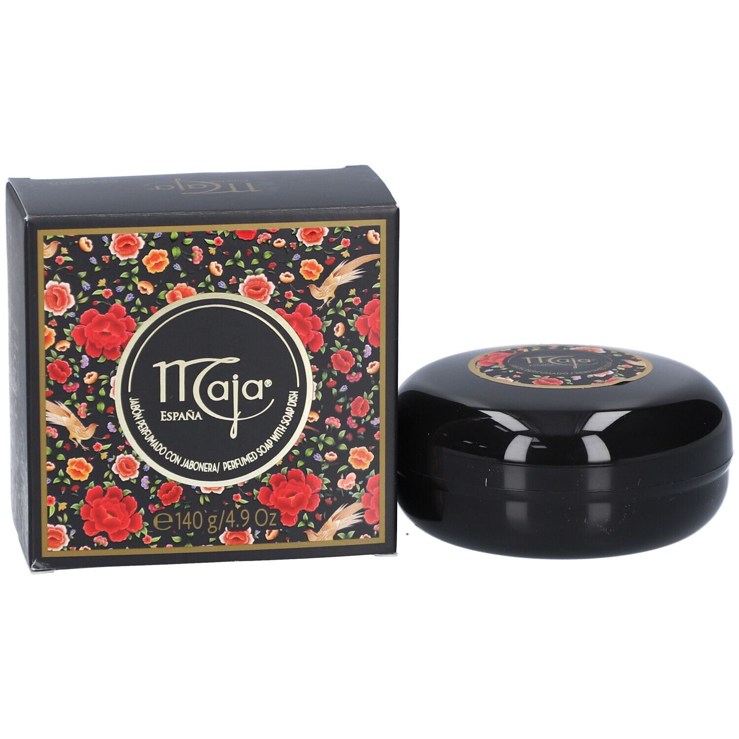 Schwarze ovale Seife und Verpackung. Verpackung mit Logo und Blumenmuster. Seife mit Logo.