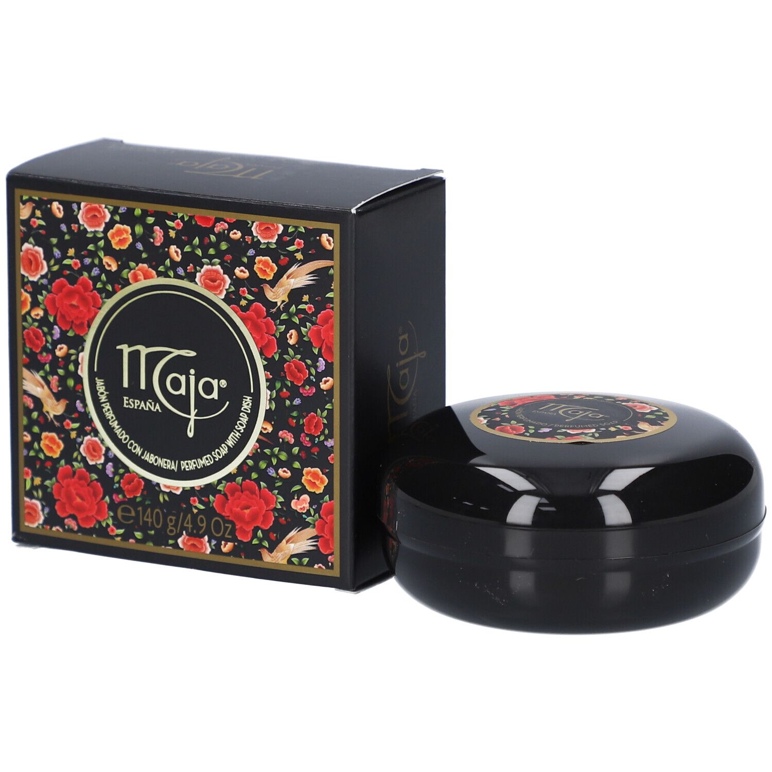 Schwarze ovale Seife und Verpackung. Verpackung mit Logo und Blumenmuster. Seife mit Logo.