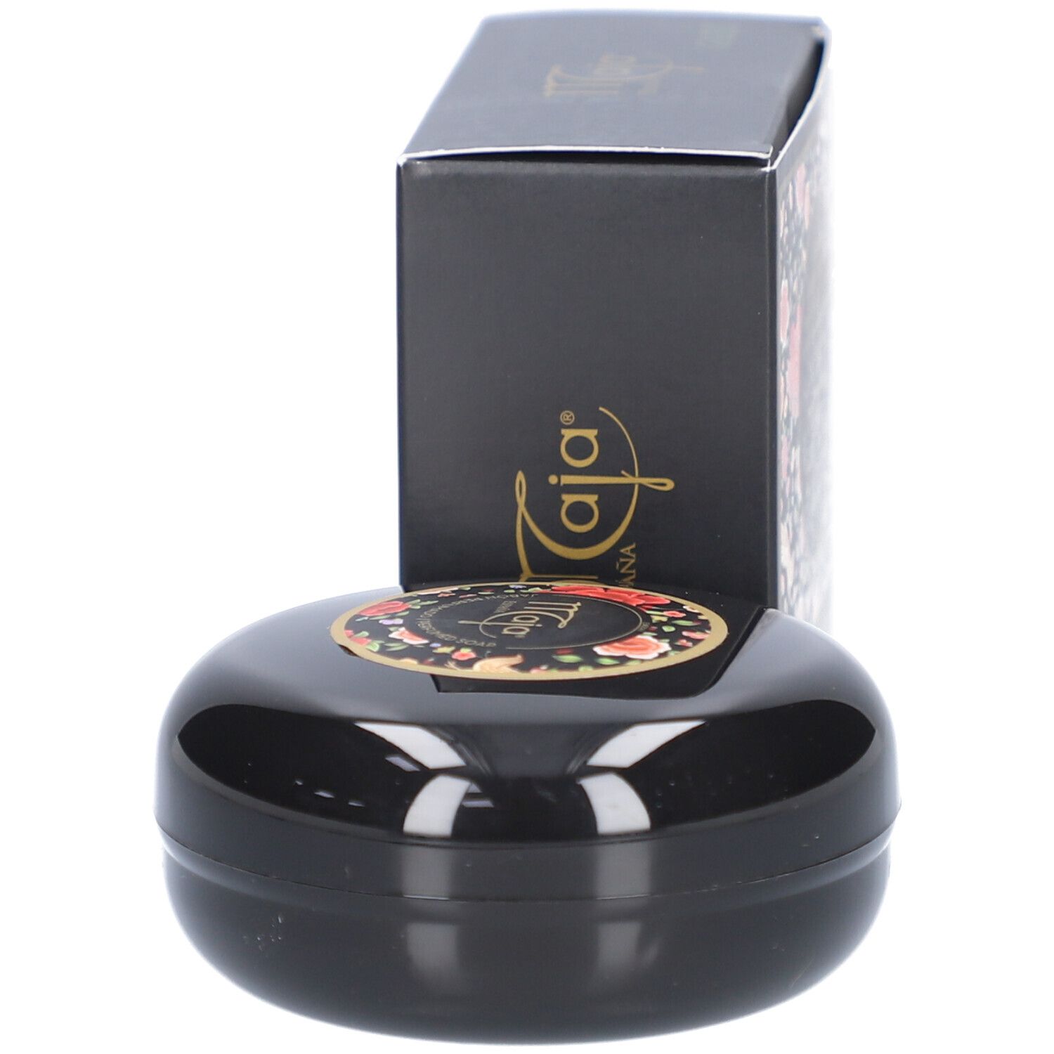 Schwarze ovale Seife und Verpackung. Verpackung mit Logo und Blumenmuster. Seife mit Logo.