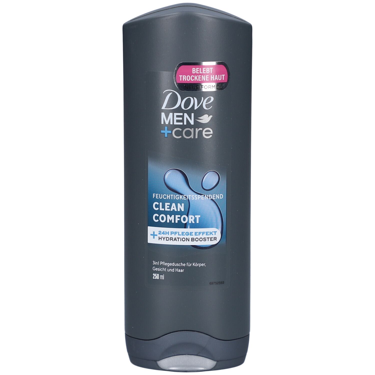 Flacon gris foncé Dove Men+Care Clean Comfort. Gel douche 3en1 pour corps, visage et cheveux. Contient du liquide bleu.