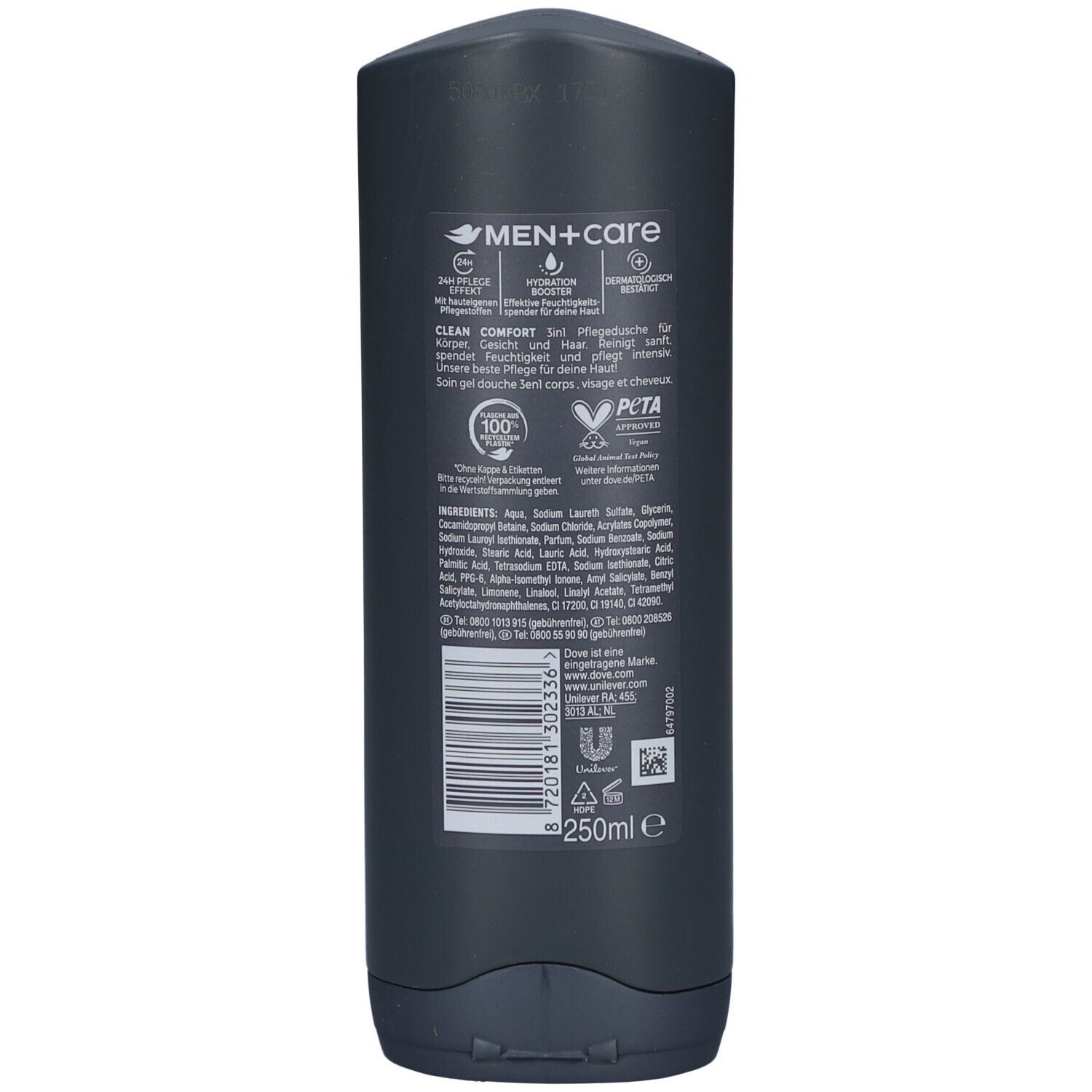 Dos du flacon gris foncé. Dove Men+Care Clean Comfort. Texte et ingrédients. Logo végétalien.