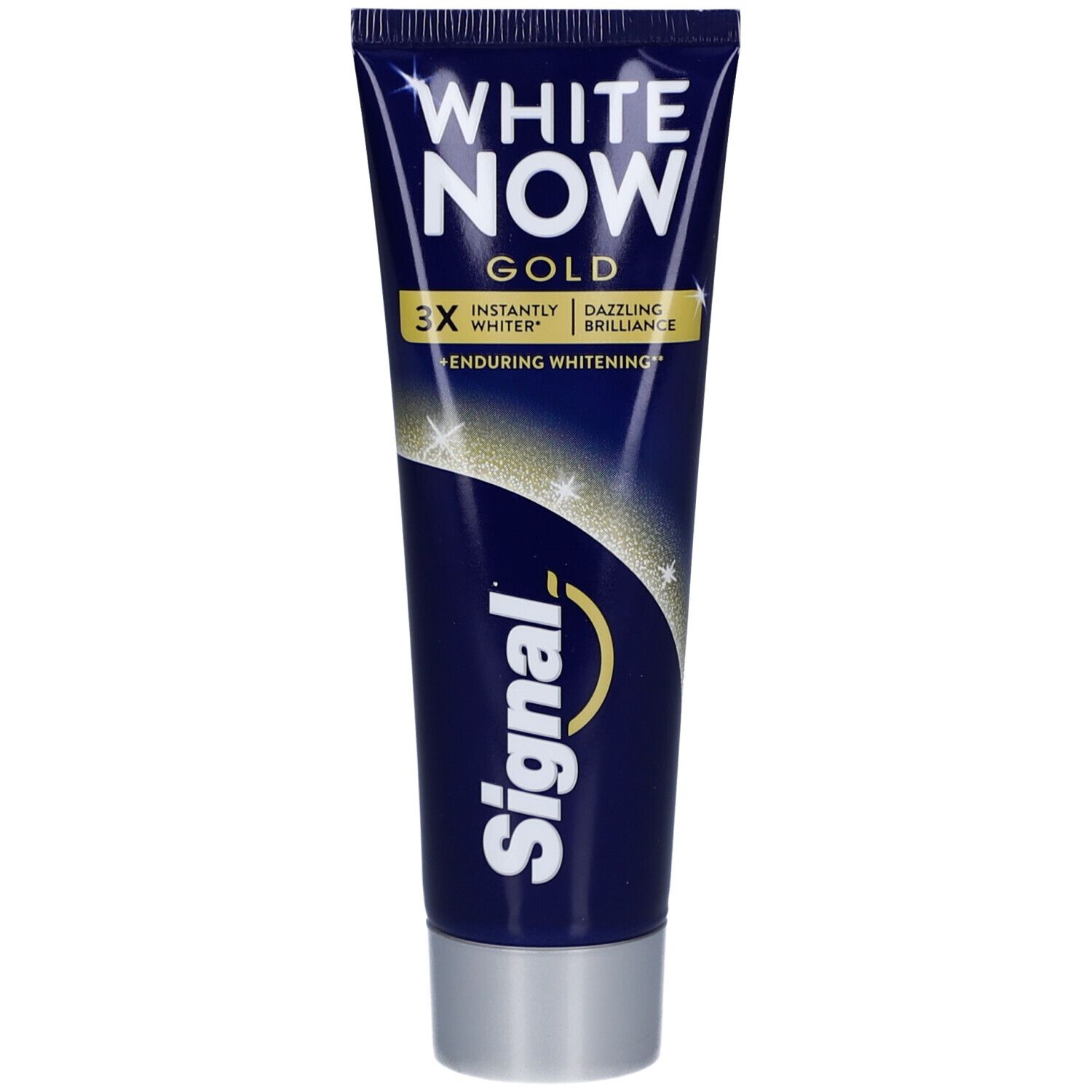Tube de dentifrice bleu avec texte blanc. Contient Signal White Now Gold. 3x plus blanc, éclat instantané, blanchiment durable.