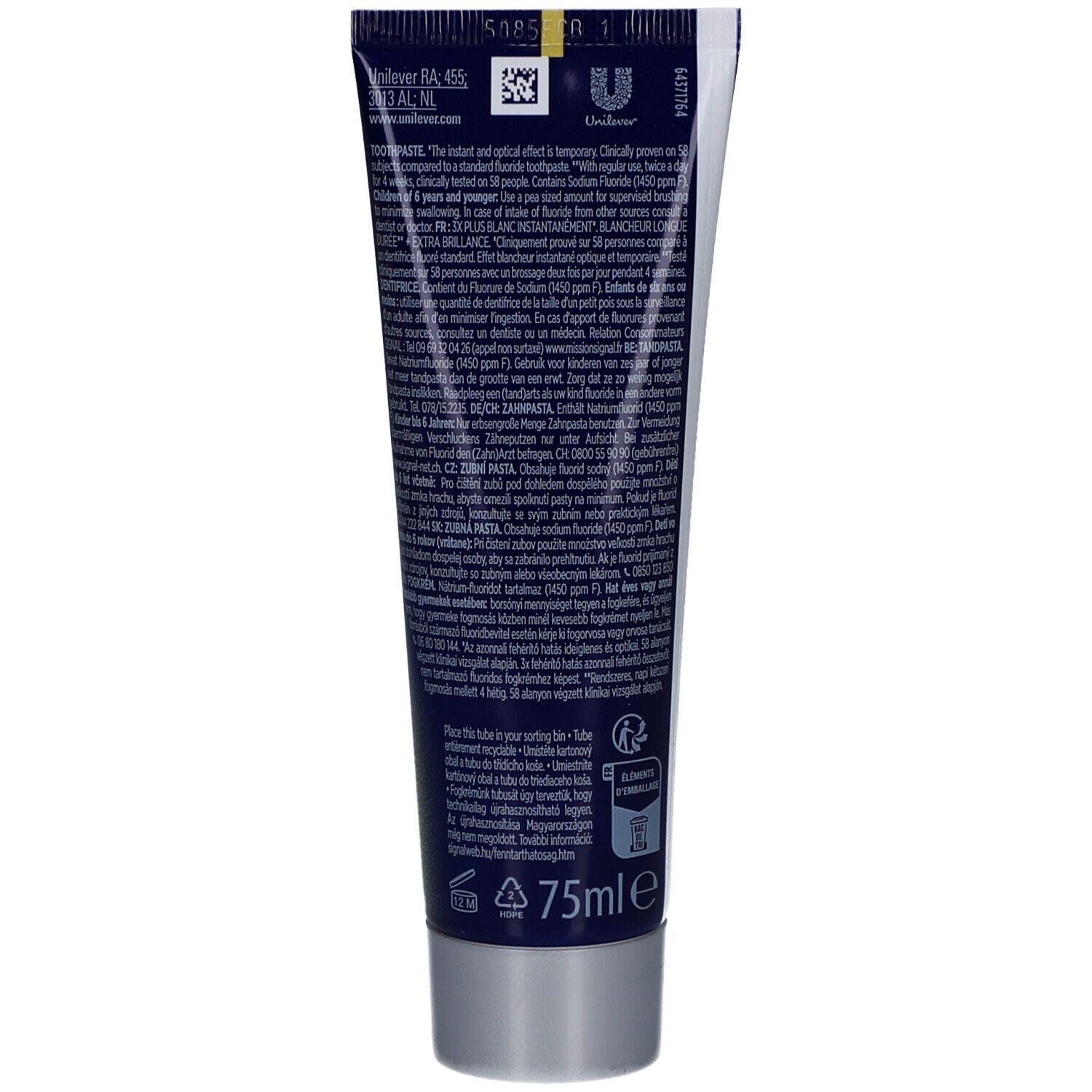 Dos du tube de dentifrice. Contient du texte en plusieurs langues. Contient des informations sur les ingrédients et le fabricant.