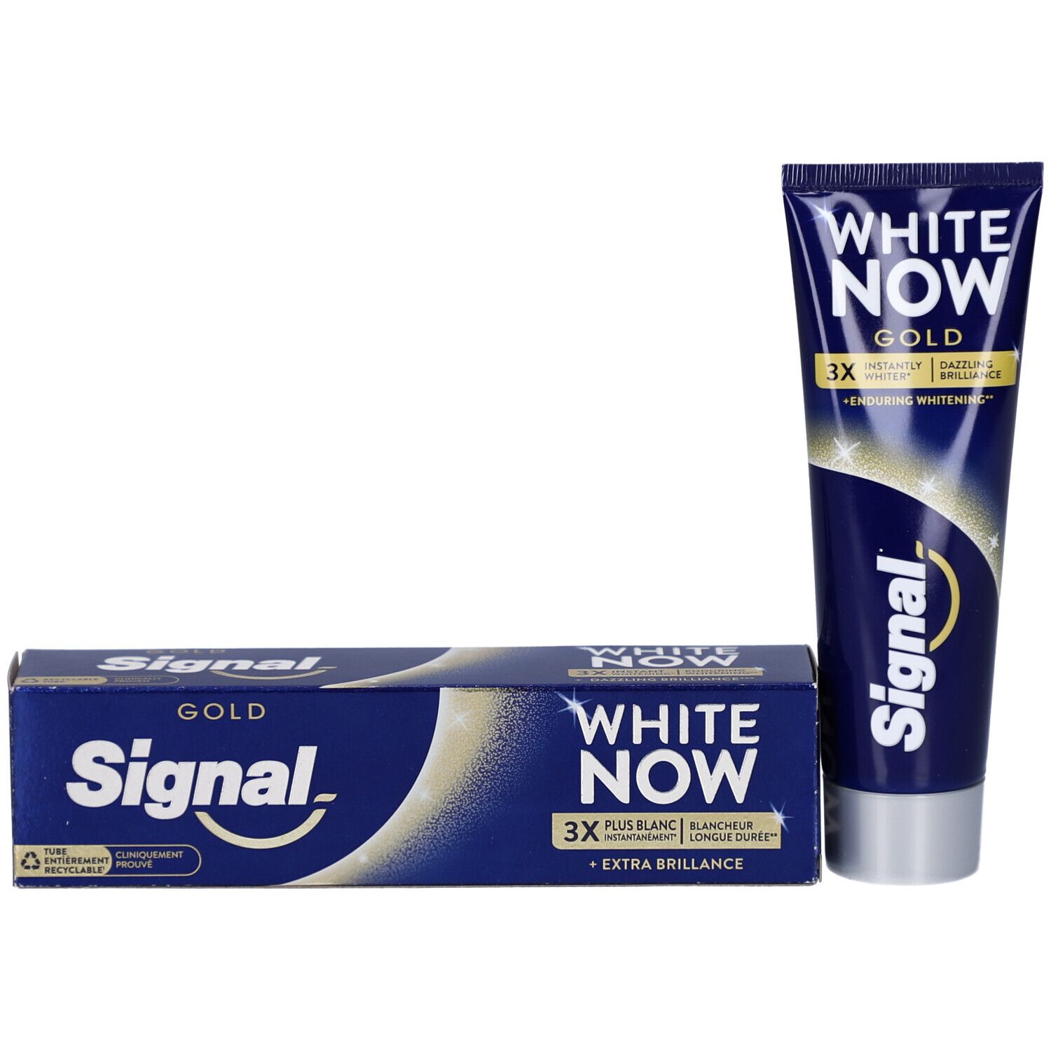 Tube et boîte de dentifrice. Les deux bleus avec texte blanc. Contient Signal White Now Gold. 3x plus blanc, extra brillance.