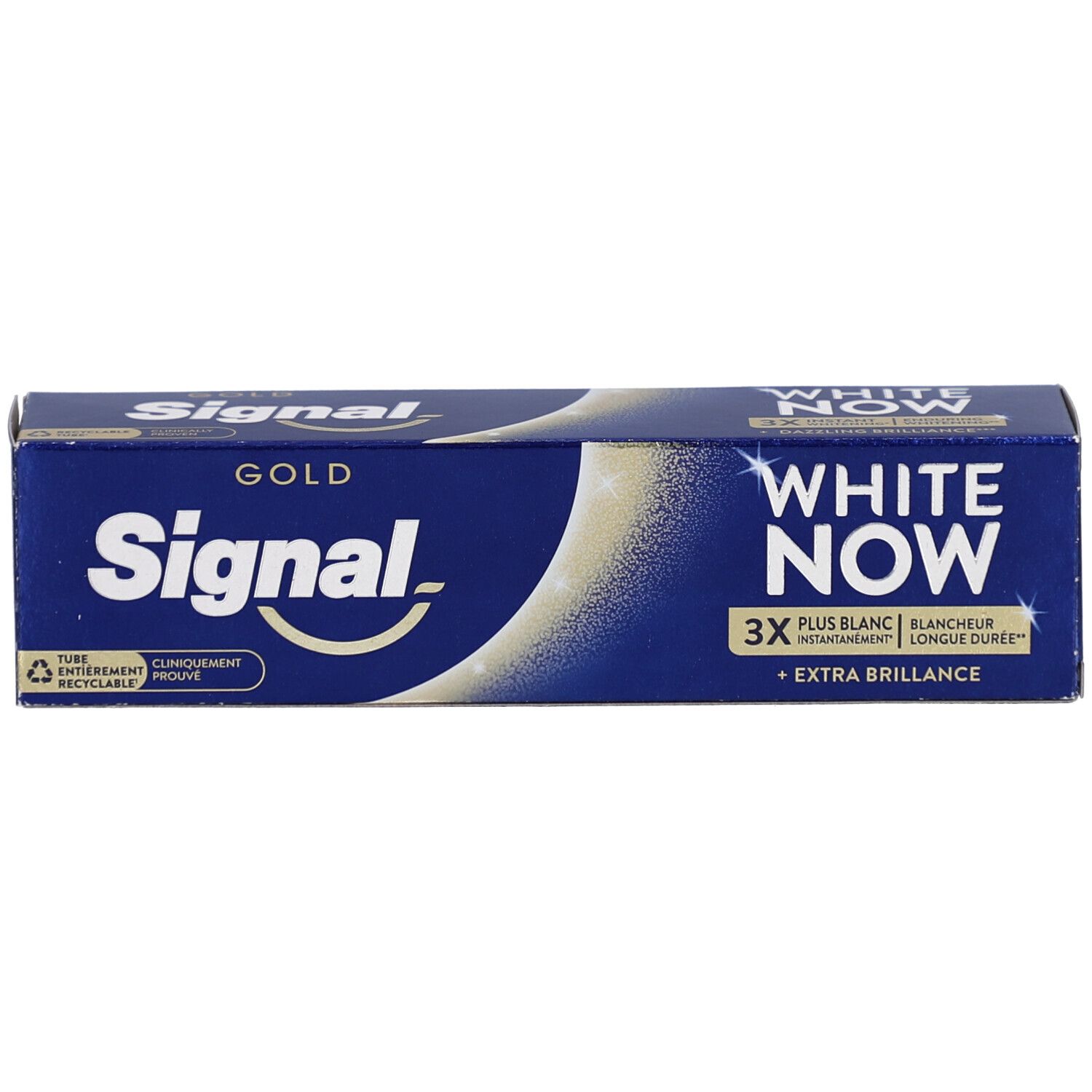 Boîte bleue avec texte blanc. Contient Signal White Now Gold. 3x plus blanc, extra brillance. Recyclable.