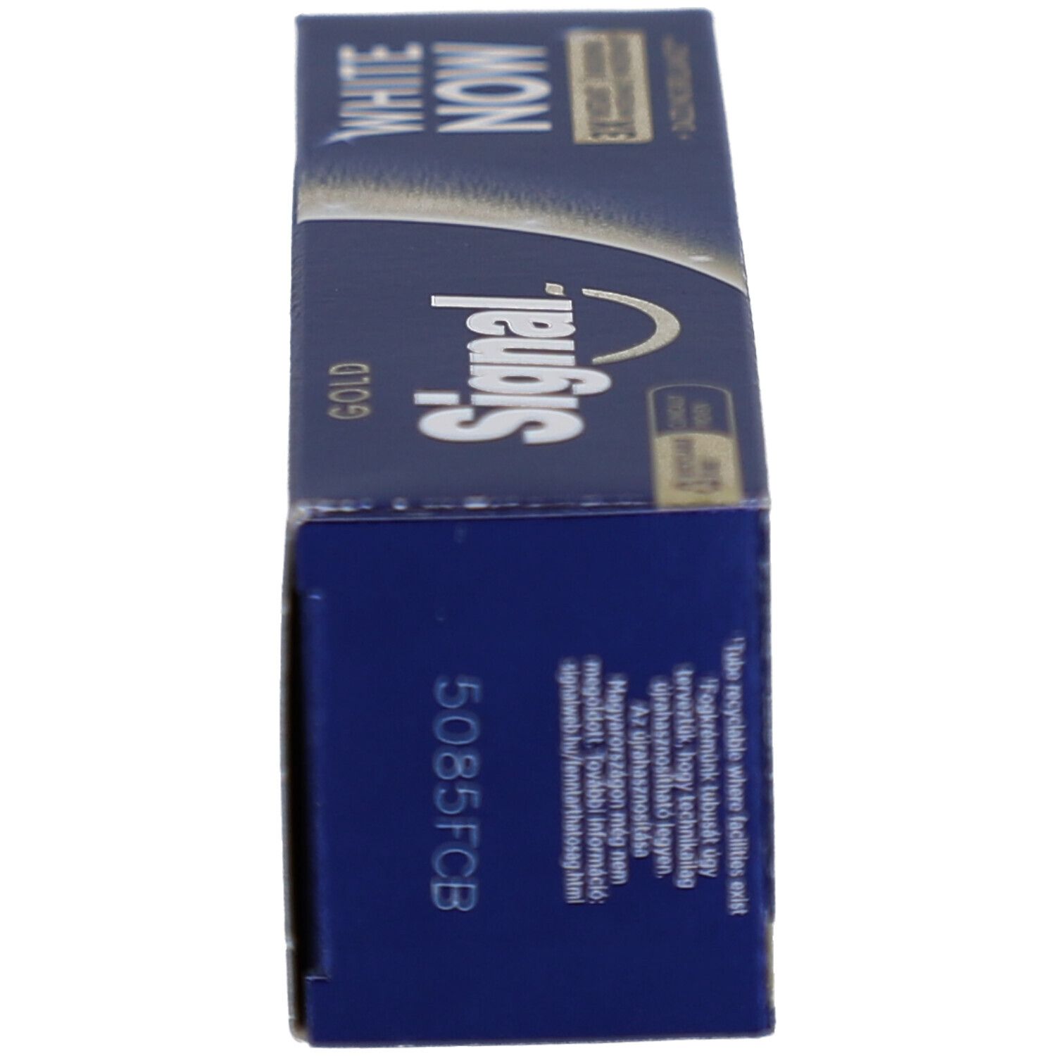 Vue latérale de la boîte bleue. Contient Signal White Now Gold. Texte et informations sur le côté.