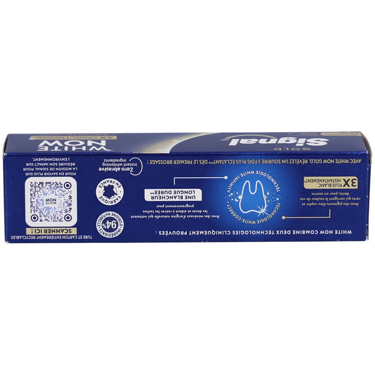 Dos de la boîte bleue. Contient du texte et des logos. Contient des informations sur les ingrédients et le fabricant.