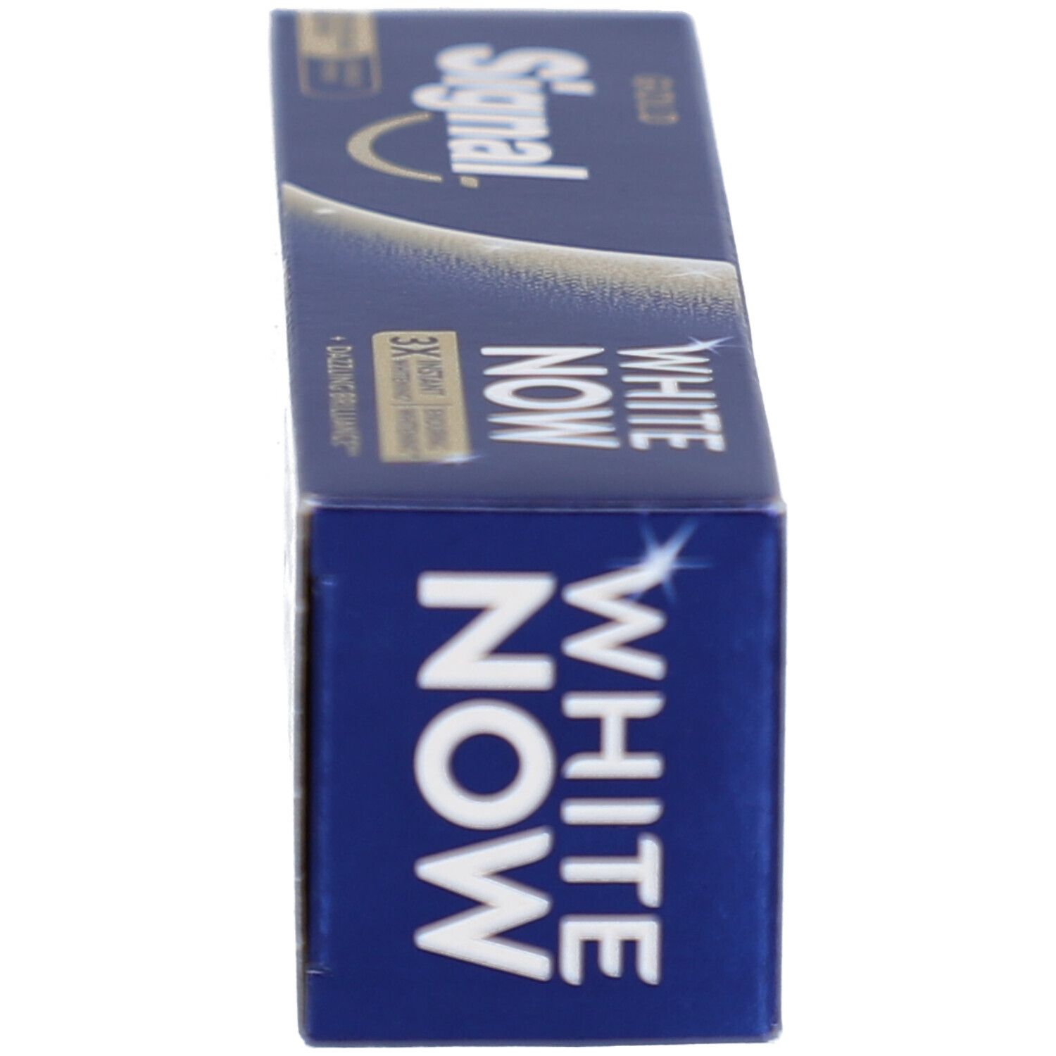 Vue latérale de la boîte bleue. Contient Signal White Now Gold. Texte et informations sur le côté.