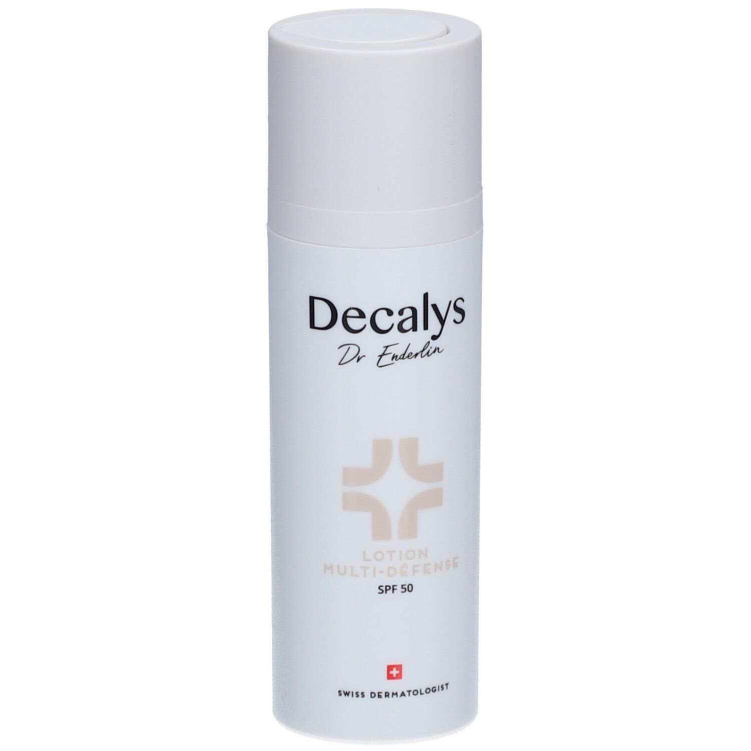 Weiße Lotion-Flasche mit Deckel. Aufschrift Decalys, Dr. Enderlin, Lotion Multi-Défense SPF 50. Schweizer Kreuz.