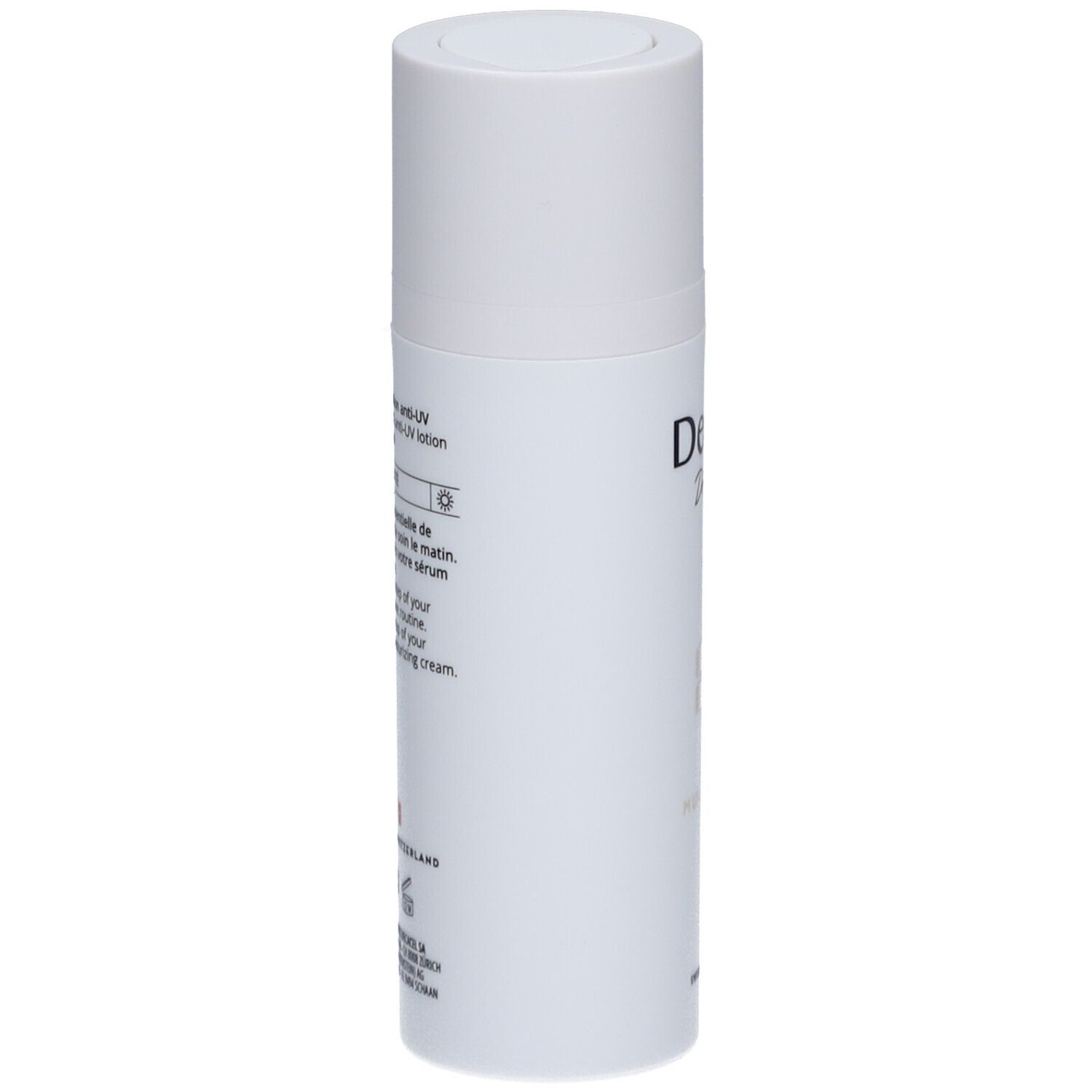 Weiße Lotion-Flasche mit Deckel. Aufschrift Decalys, Dr. Enderlin. Text auf der Seite. Schweizer Kreuz.