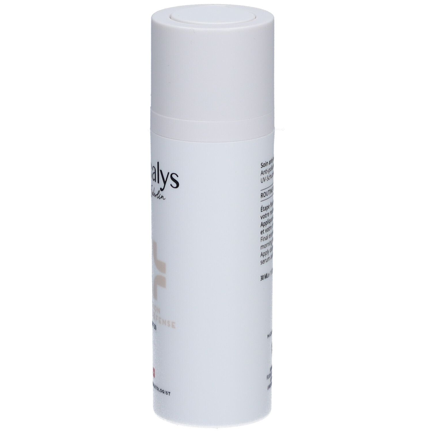 Weiße Lotion-Flasche mit Deckel. Aufschrift Decalys, Dr. Enderlin, Lotion Multi-Défense SPF 50. Schweizer Kreuz.