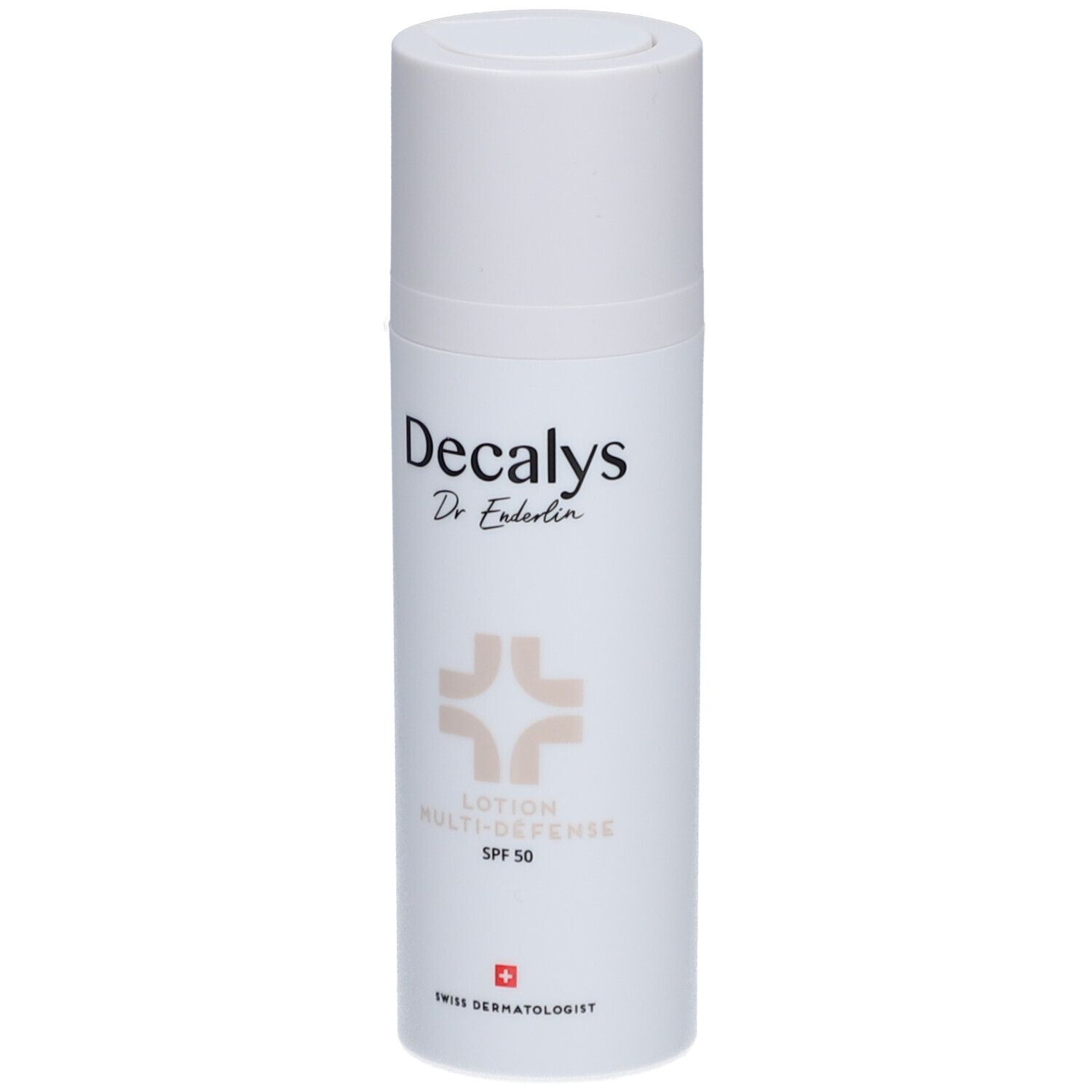 Weiße Lotion-Flasche mit Deckel. Aufschrift Decalys, Dr. Enderlin, Lotion Multi-Défense SPF 50. Schweizer Kreuz.