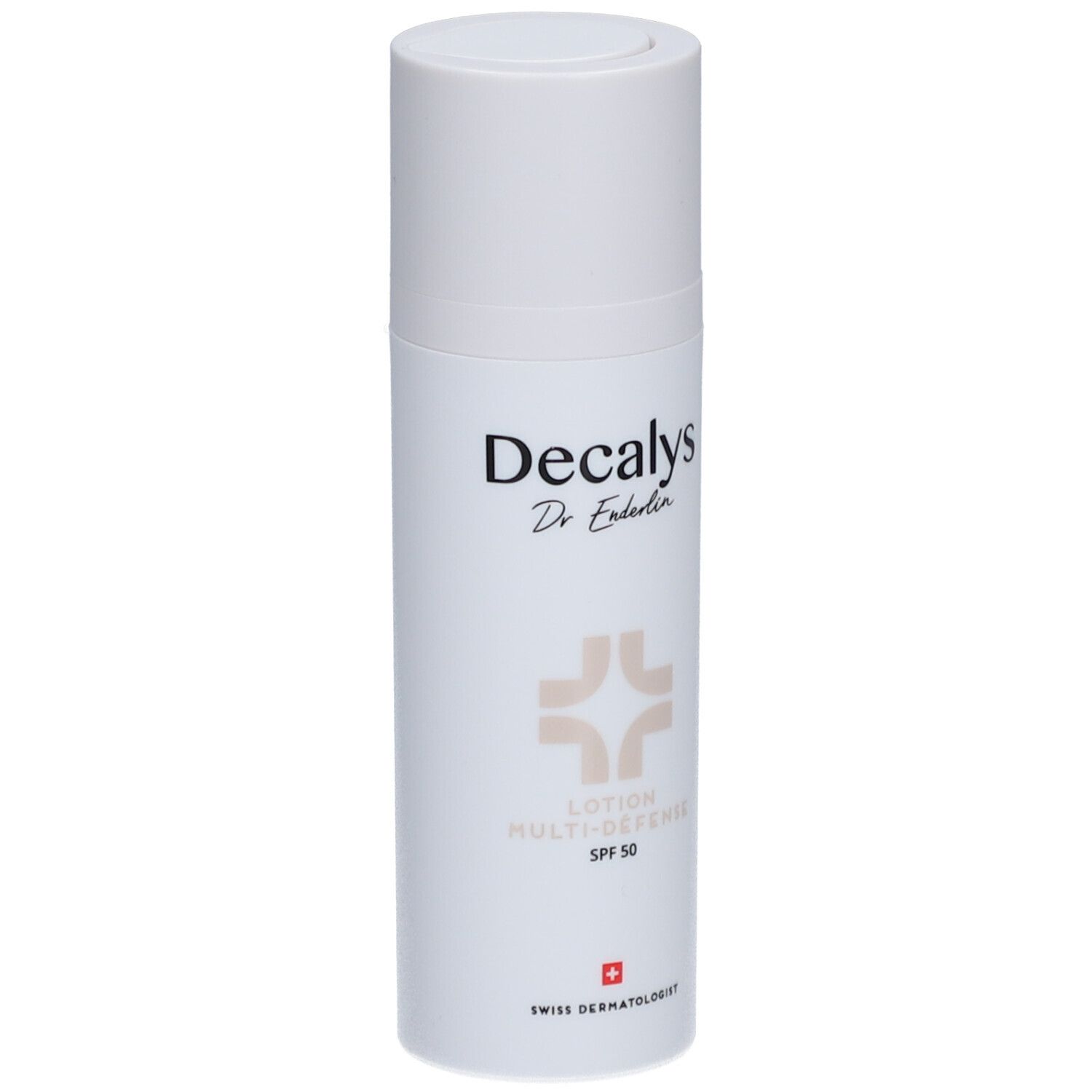 Weiße Lotion-Flasche mit Deckel. Aufschrift Decalys, Dr. Enderlin, Lotion Multi-Défense SPF 50. Schweizer Kreuz.