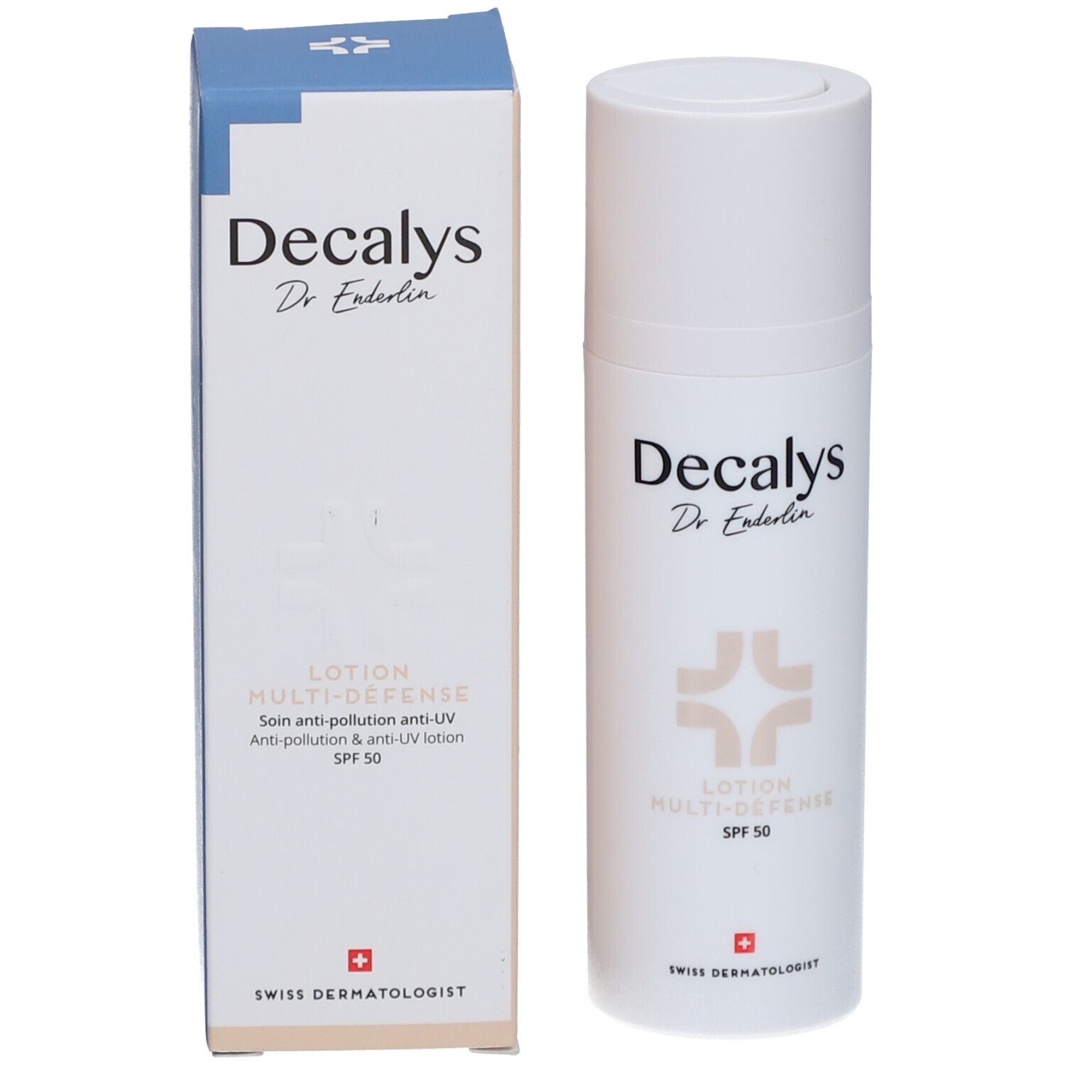 Weiße Lotion-Flasche und Schachtel. Aufschrift Decalys, Dr. Enderlin, Lotion Multi-Défense SPF 50. Schweizer Kreuz.