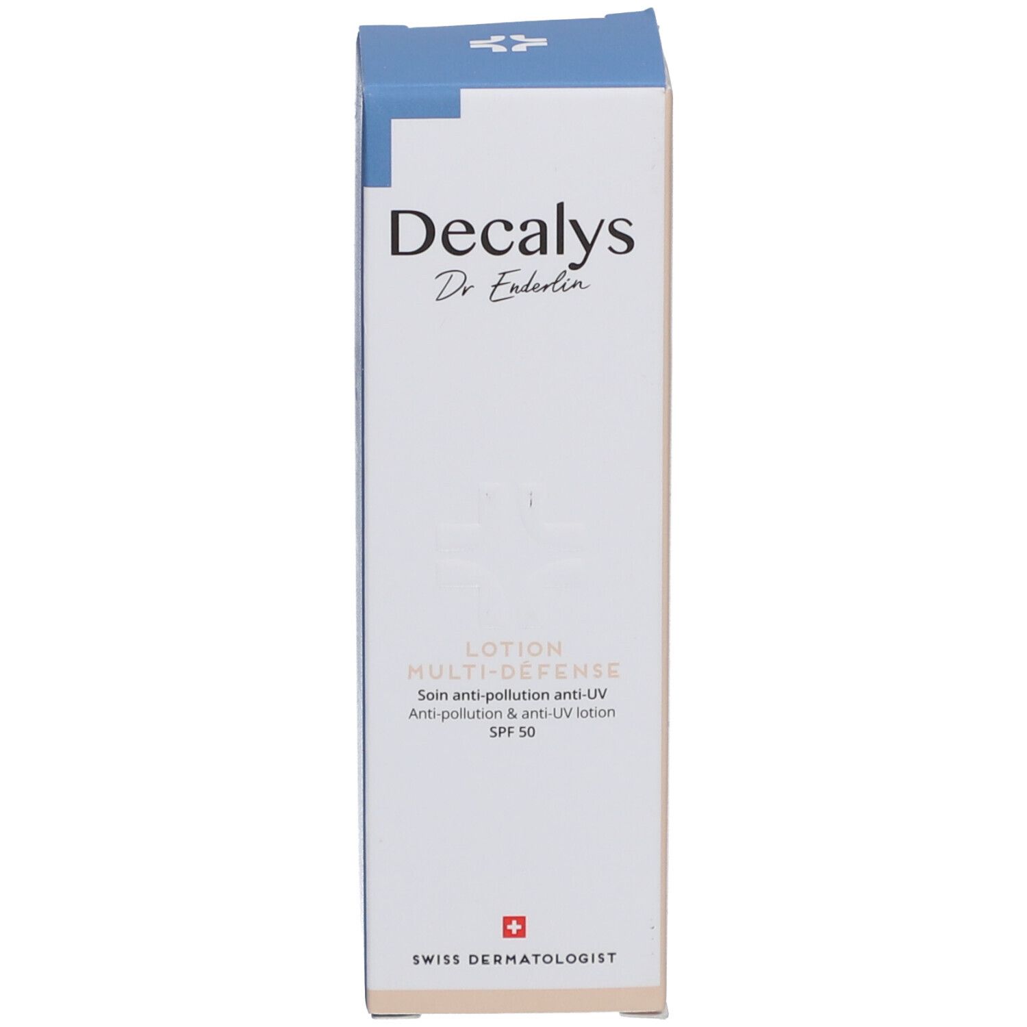 Blaue und weiße Schachtel. Aufschrift Decalys, Dr. Enderlin, Lotion Multi-Défense SPF 50. Schweizer Kreuz.