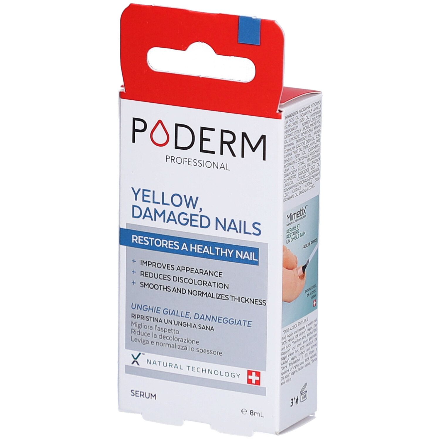 Verpackung von PODERM PROFESSIONAL. Aufschrift: YELLOW, DAMAGED NAILS. Enthält Serum. Schweizer Kreuz.