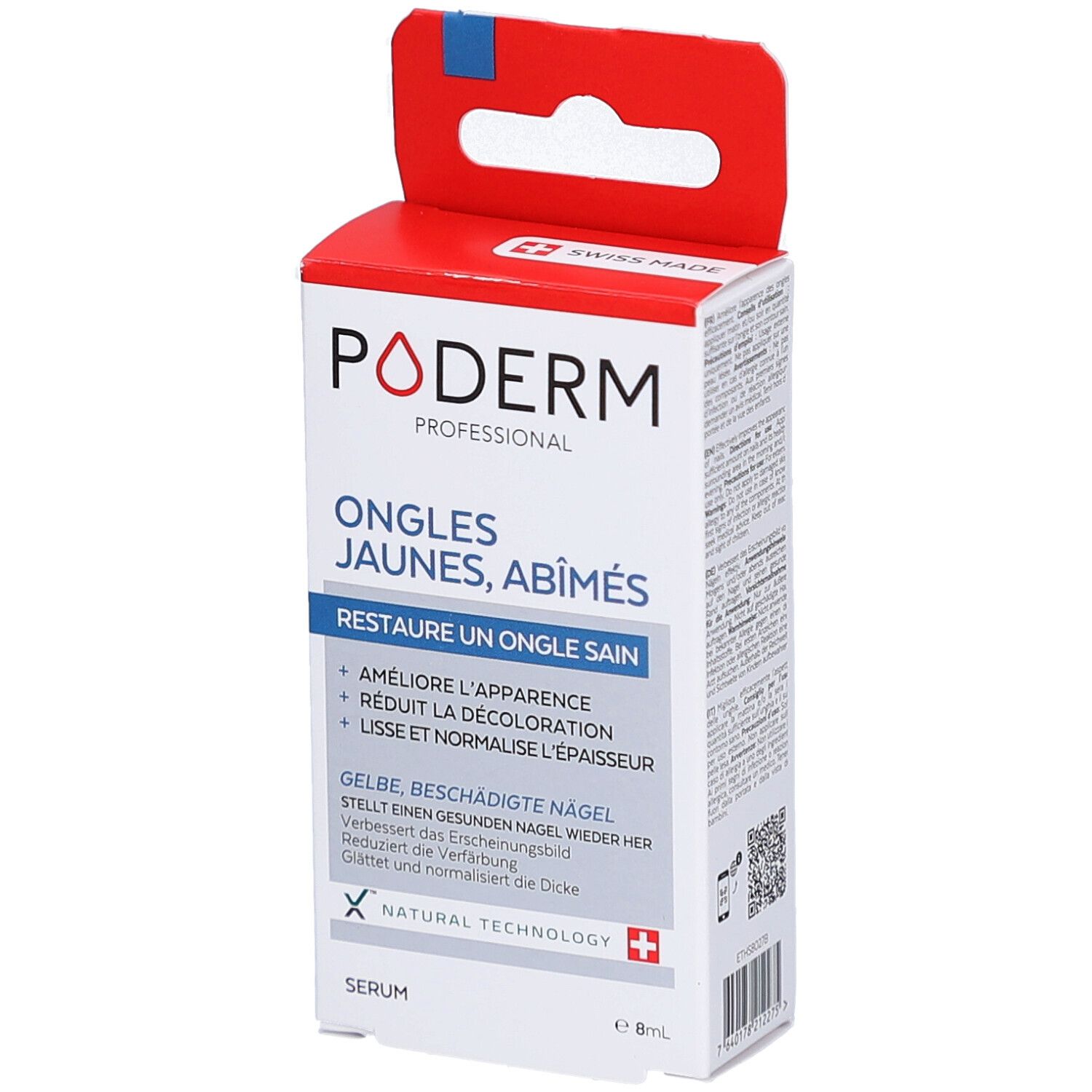 Verpackung von PODERM PROFESSIONAL. Aufschrift: ONGLES JAUNES, ABÎMÉS. Enthält Serum. Schweizer Kreuz.