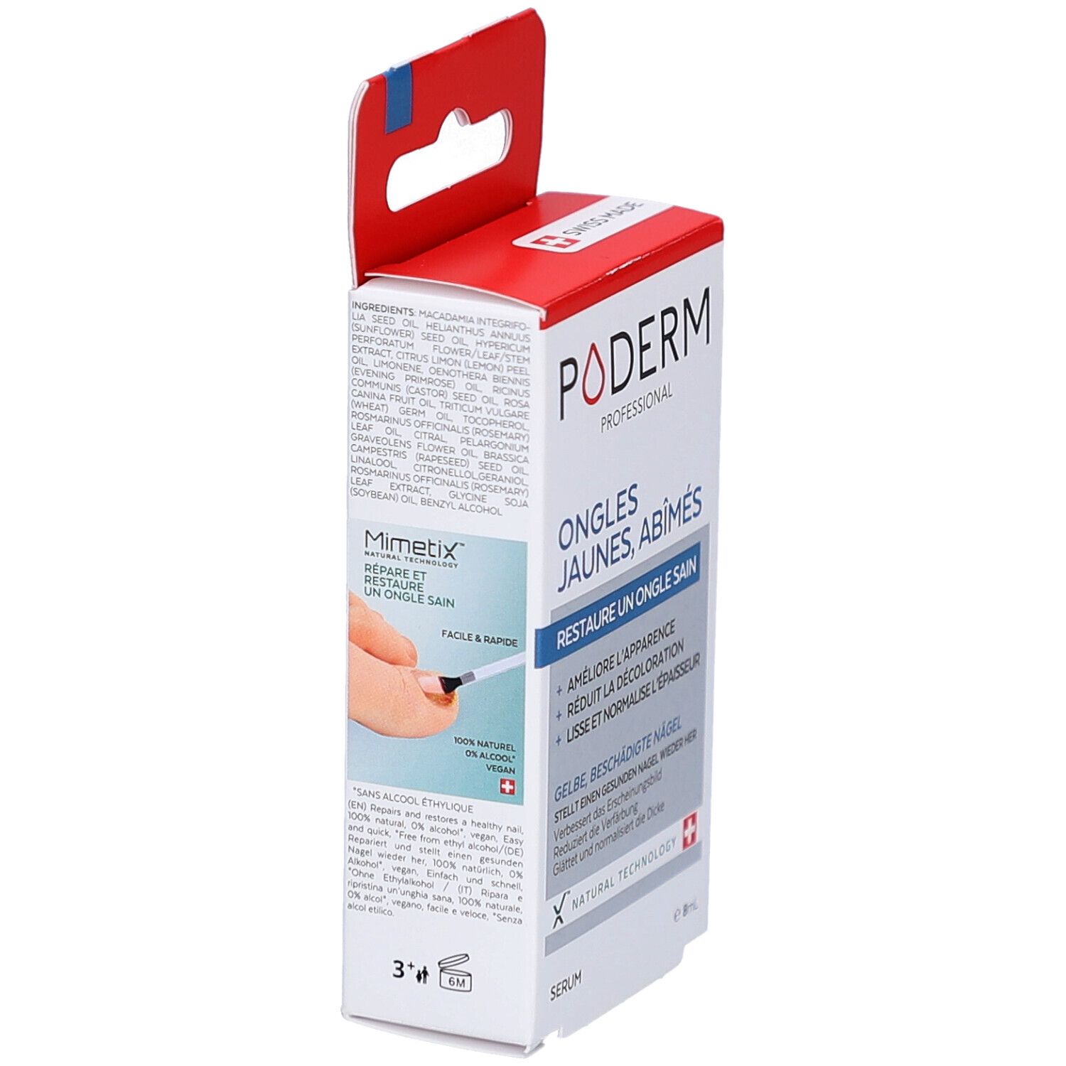 Verpackung von PODERM PROFESSIONAL. Aufschrift: ONGLES JAUNES, ABÎMÉS. Enthält Serum. Schweizer Kreuz.