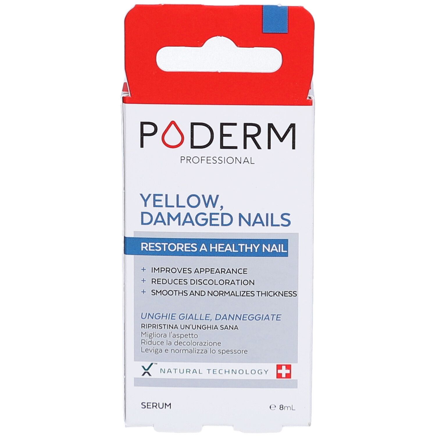 Verpackung von PODERM PROFESSIONAL. Aufschrift: YELLOW, DAMAGED NAILS. Enthält Serum. Schweizer Kreuz.