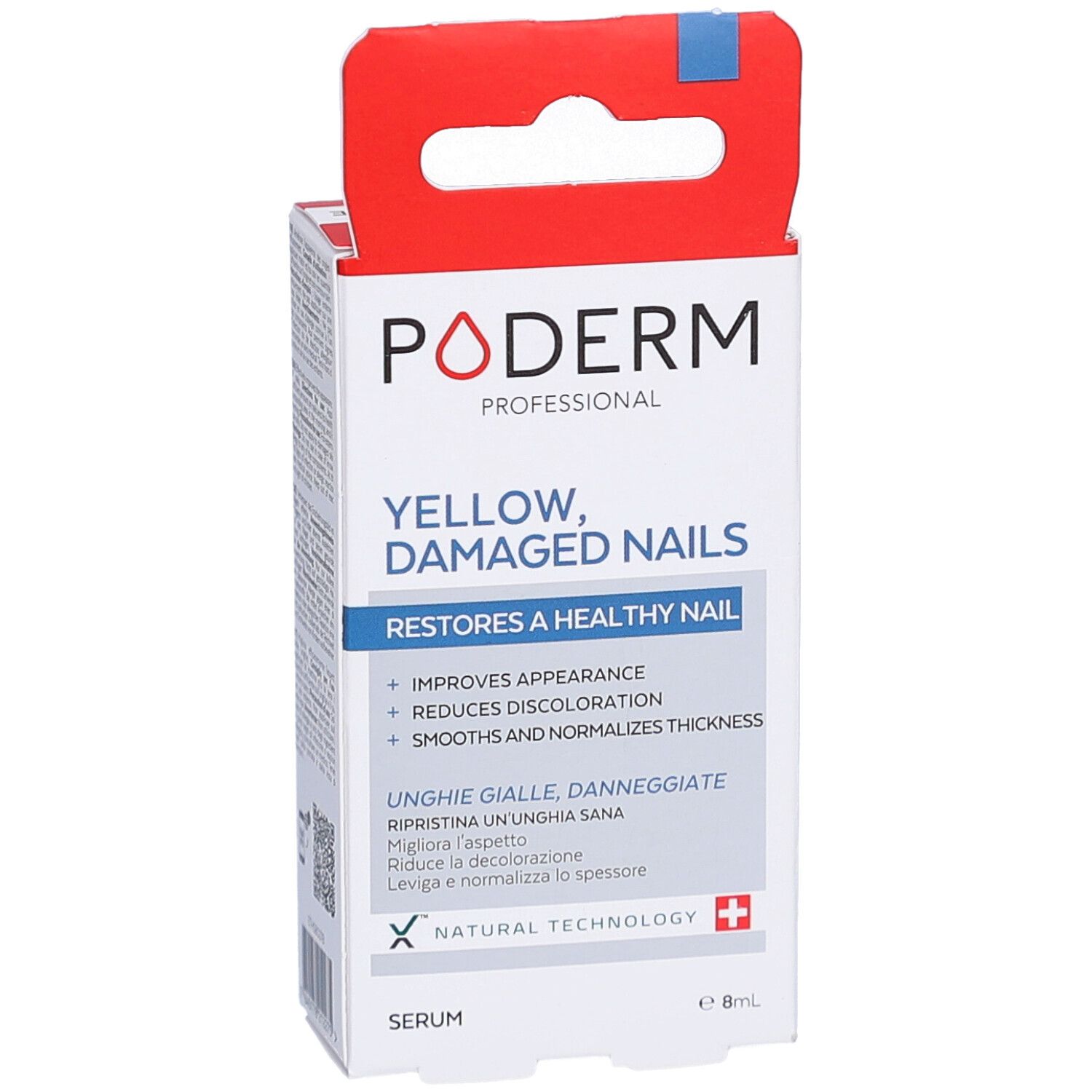 Verpackung von PODERM PROFESSIONAL. Aufschrift: YELLOW, DAMAGED NAILS. Enthält Serum. Schweizer Kreuz.