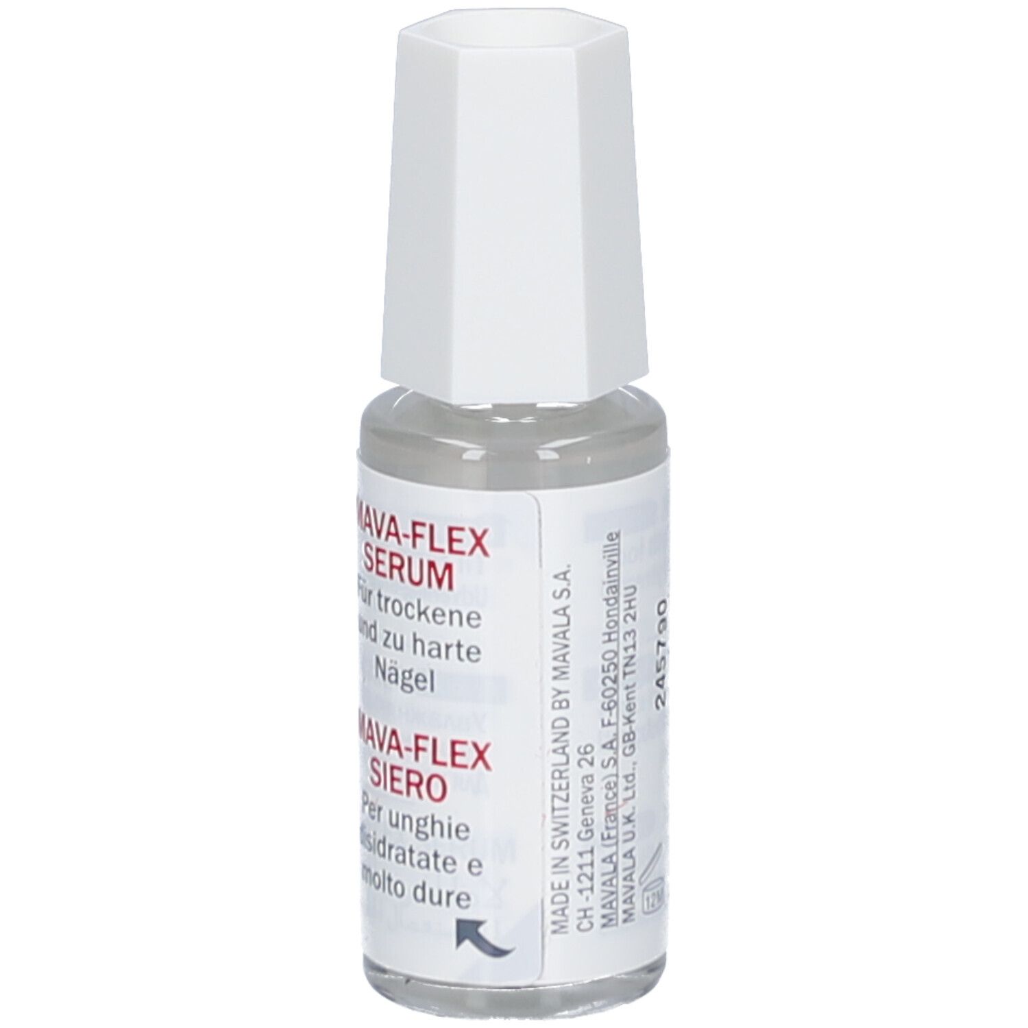 Sérum liquide clair en flacon de verre avec bouchon blanc. Étiquette avec informations produit et marque MAVALA.