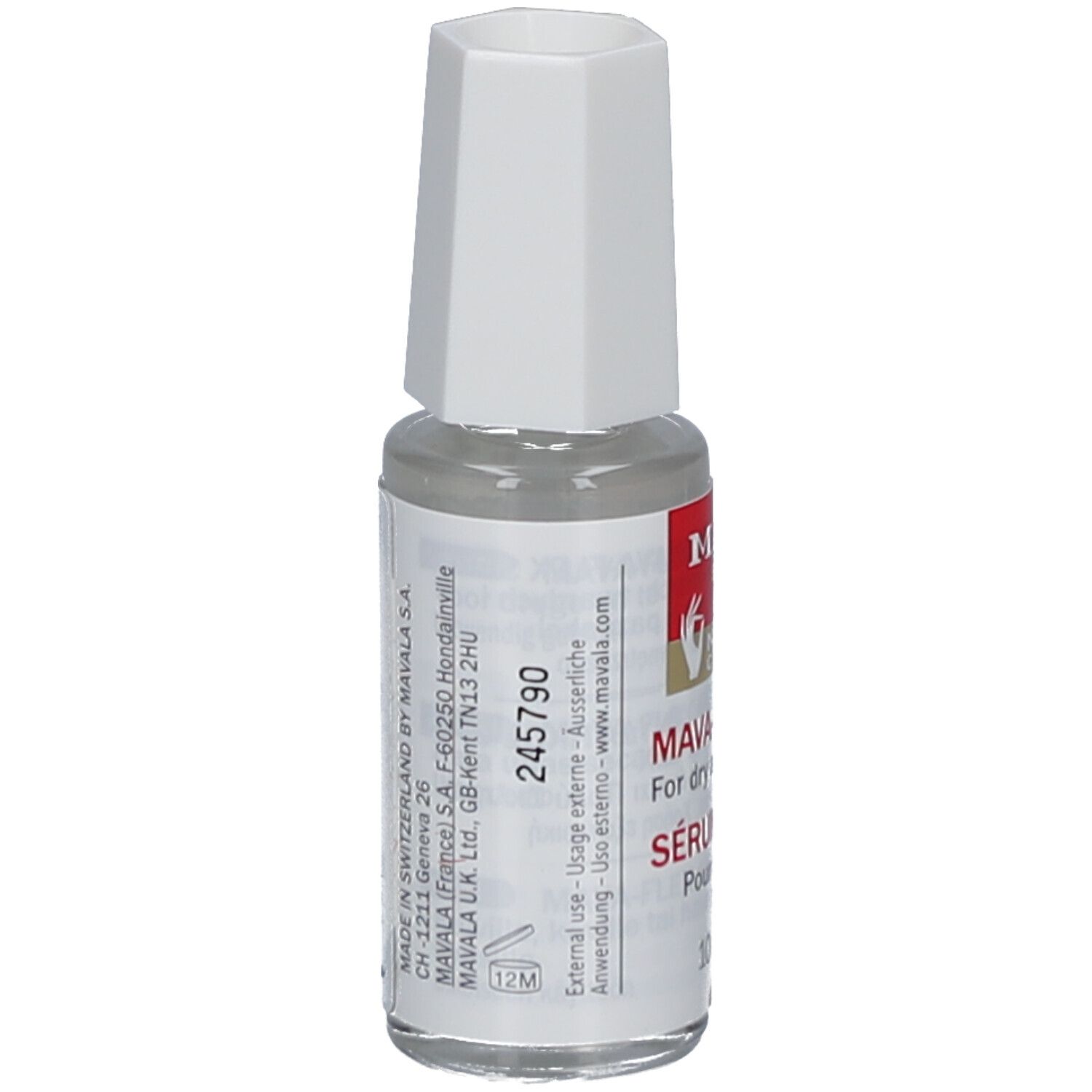 Sérum liquide clair en flacon de verre avec bouchon blanc. Étiquette avec informations produit et marque MAVALA.