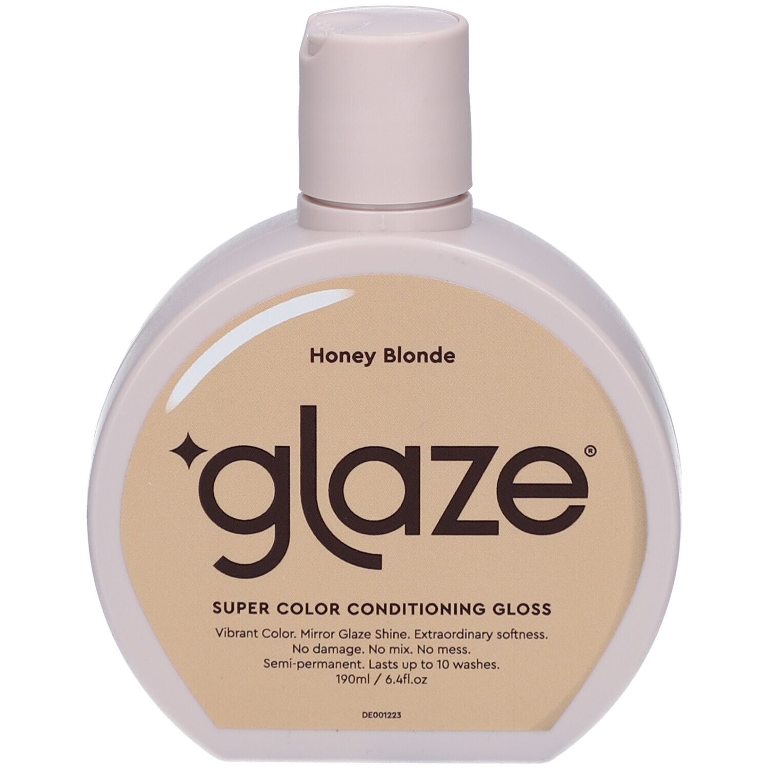 Flacon rond, étiquette beige clair. Inscription 'glaze' et 'Honey Blonde'.