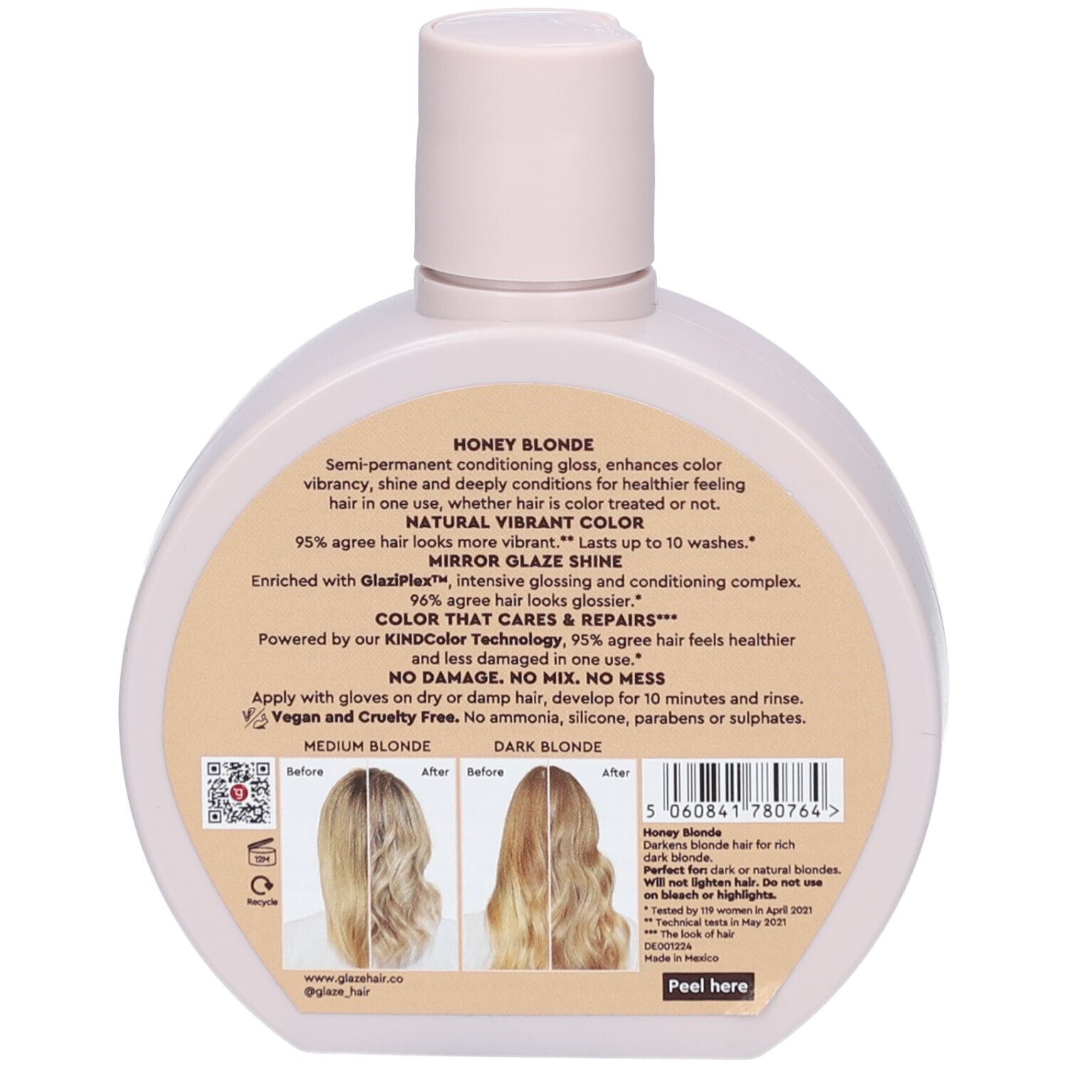 Dos du flacon. Texte : 'Honey Blonde', 'NATURAL VIBRANT COLOR'. Images de cheveux.