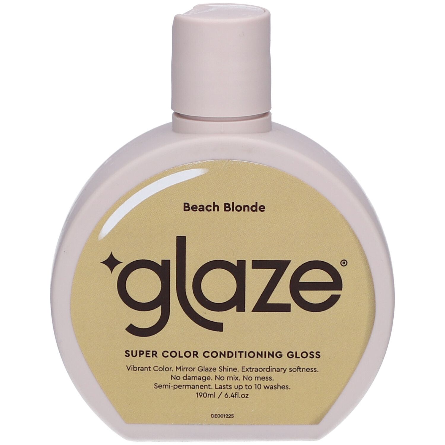 Flacon rond, bouchon rose. Étiquette 'glaze' et 'Beach Blonde'. Texte: Super Color Conditioning Gloss. 190ml.