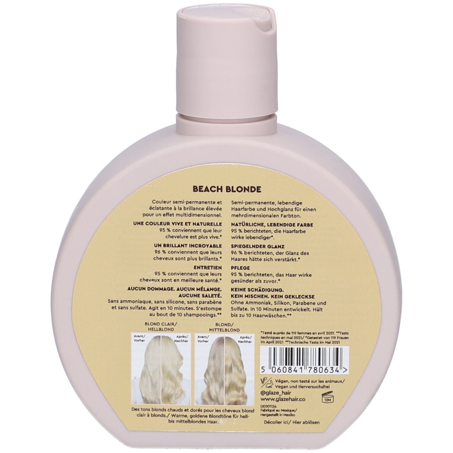 Dos du flacon. Texte: 'Beach Blonde', coloration semi-permanente. Illustrations de nuances blondes. Ingrédients et informations fabricant.