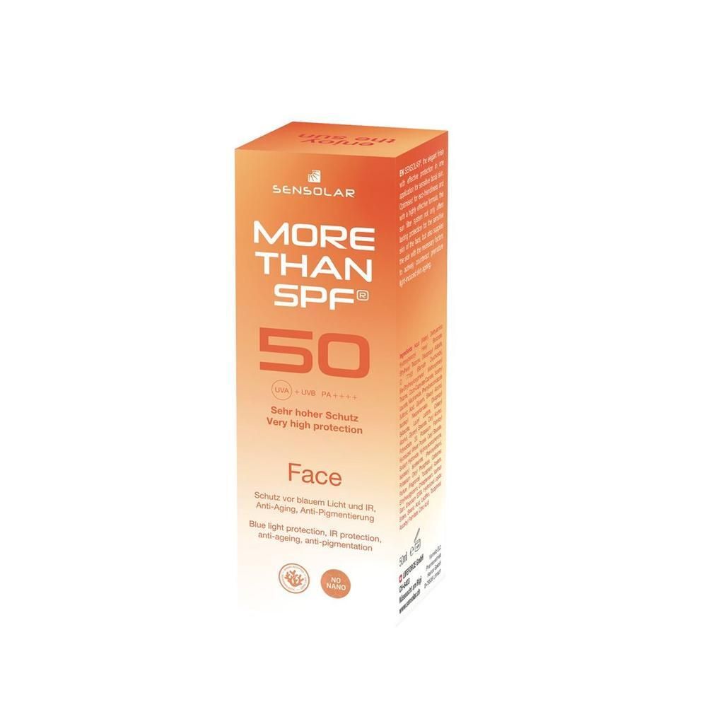 SENSOLAR More Than SPF 50 Face Protection. Boîte orange. Texte: SPF 50, Face. Très haute protection.