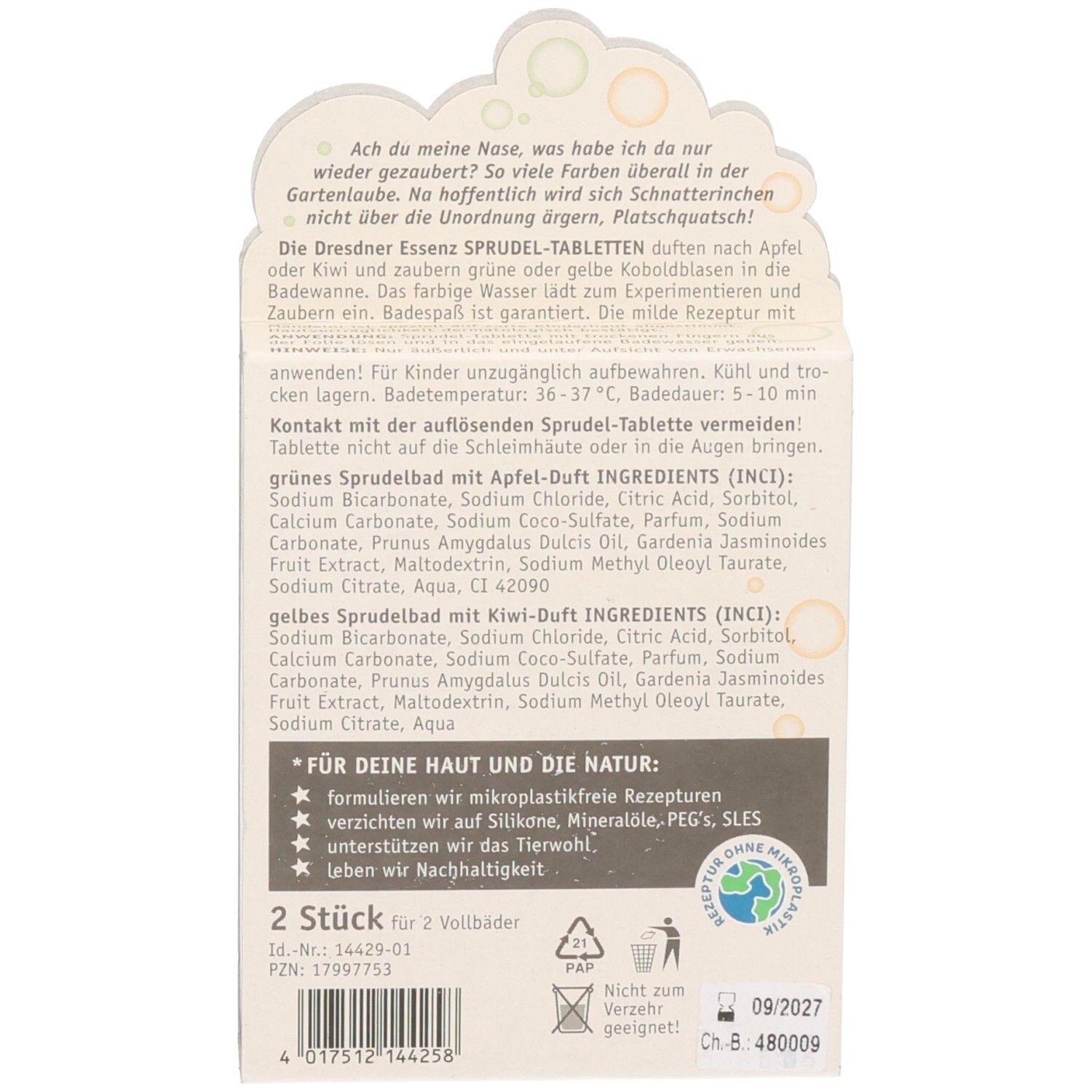 Rückseite der Verpackung mit Inhaltsstoffen und Anwendungshinweisen für Sprudel-Tabletten.
