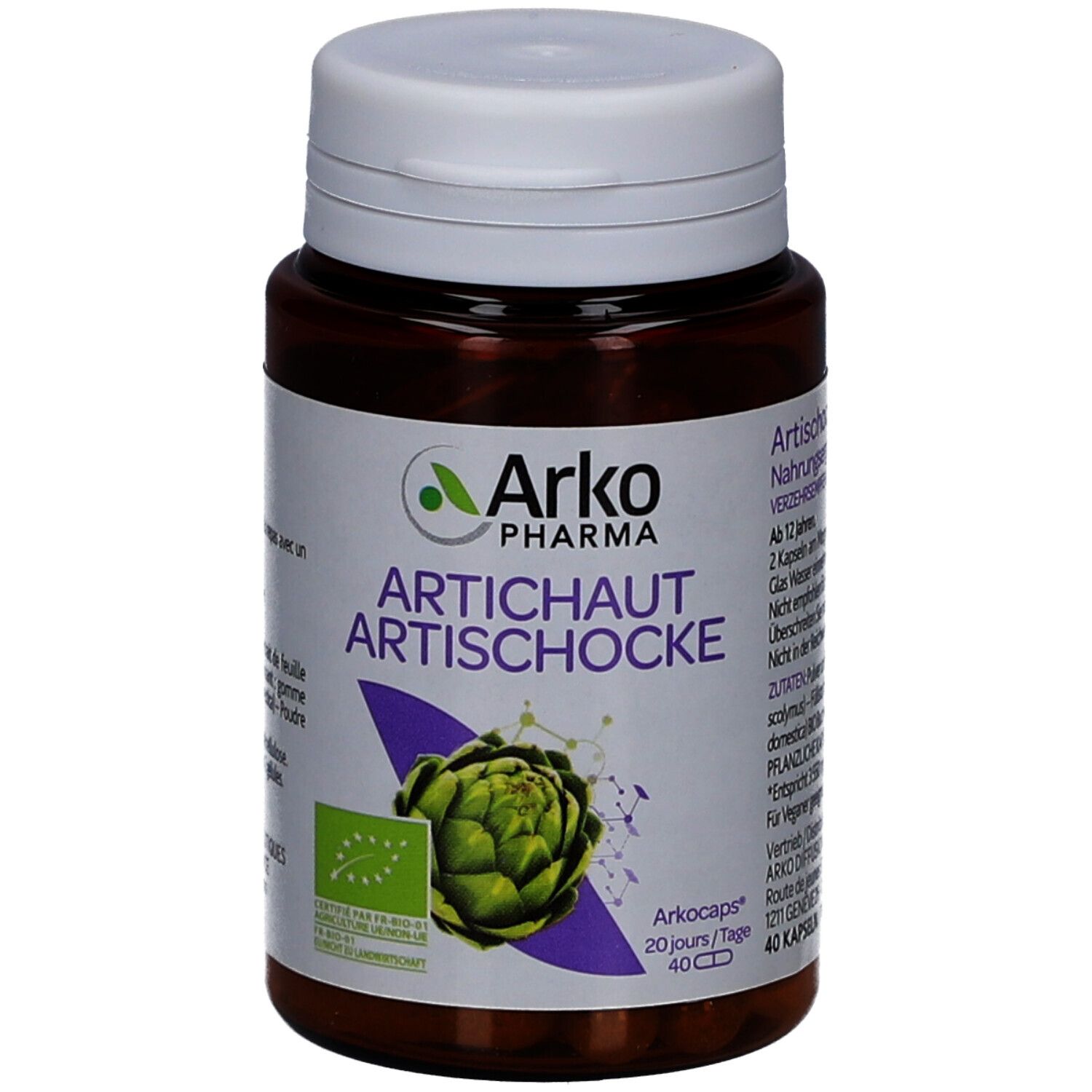 Braune Flasche mit weißen Deckel. Etikett mit Artischocken-Abbildung und Text. Bio-Zertifizierung.