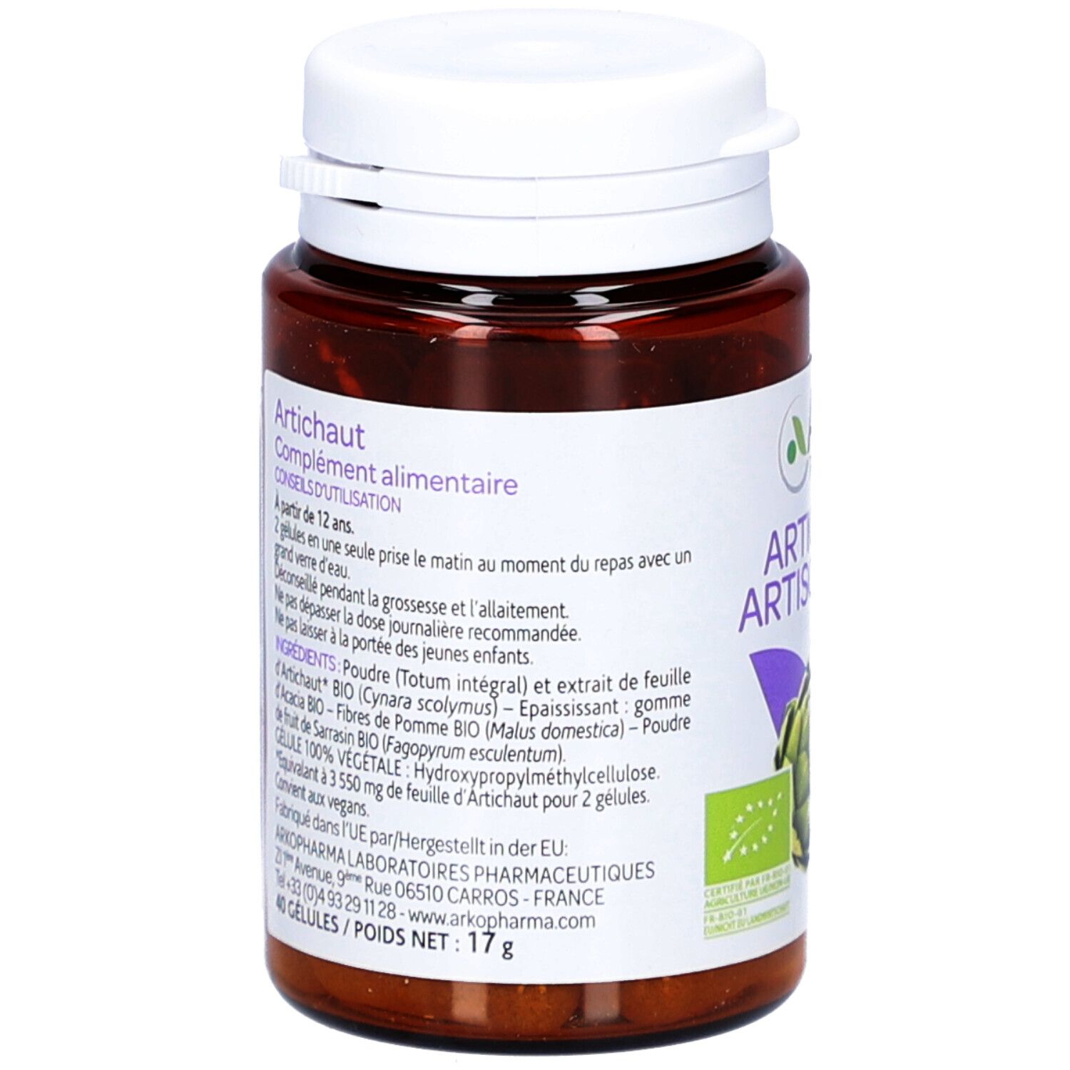 Rückseite der Flasche. Etikett mit Inhaltsstoffen und Anwendungshinweisen. Bio-Zertifizierung.