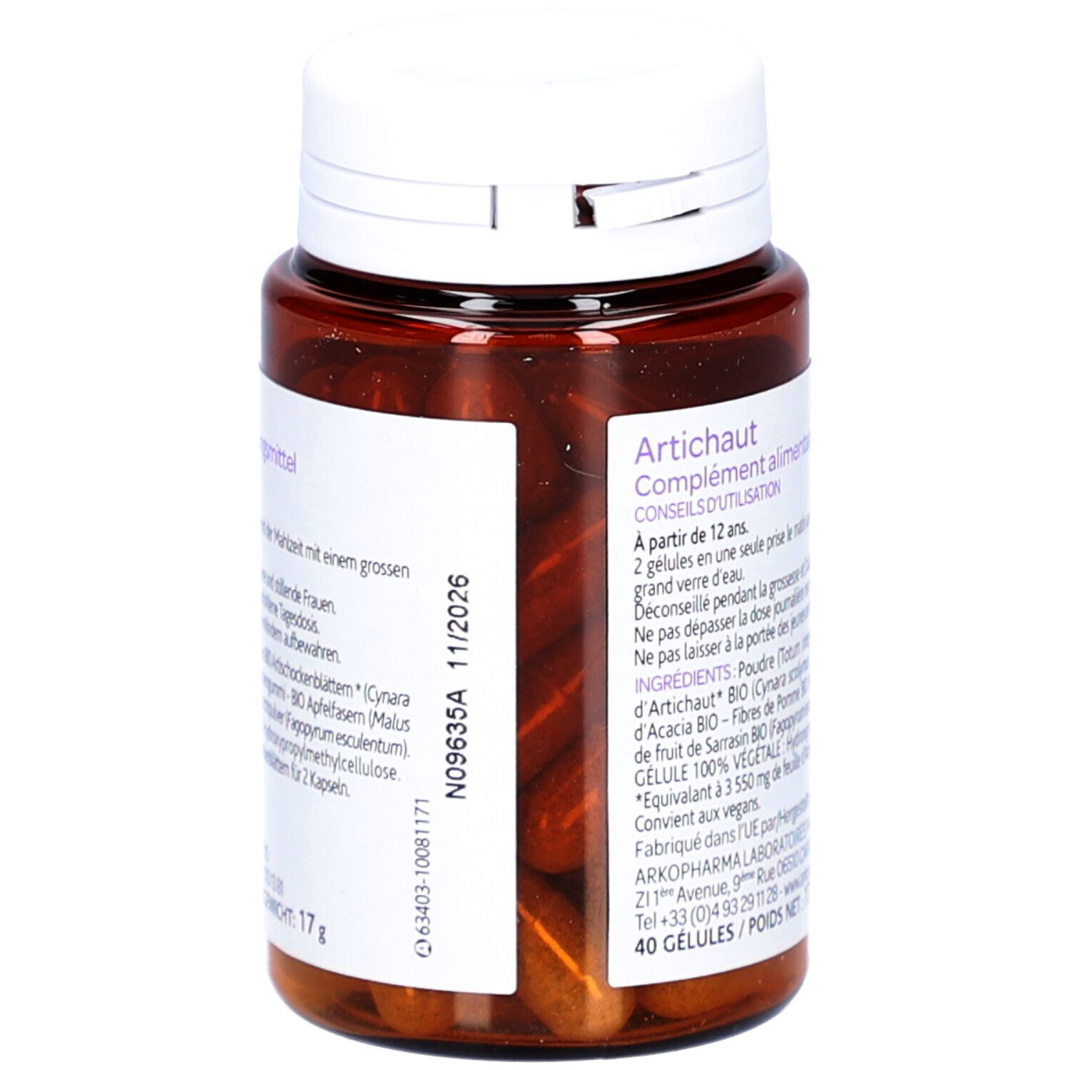 Rückseite der Flasche. Etikett mit Inhaltsstoffen und Verfallsdatum. 40 Kapseln.