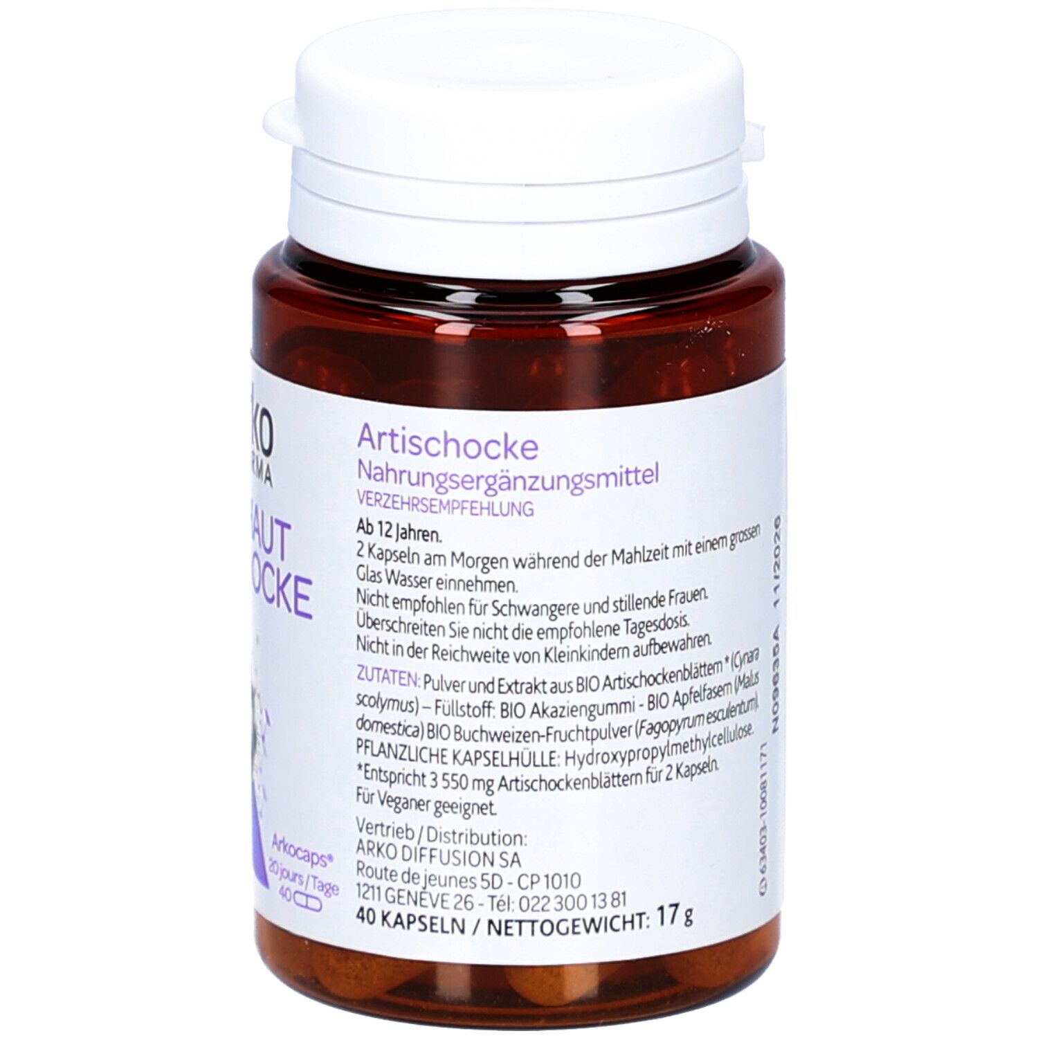 Rückseite der Flasche. Etikett mit Verzehrempfehlung und Inhaltsstoffen. 40 Kapseln.