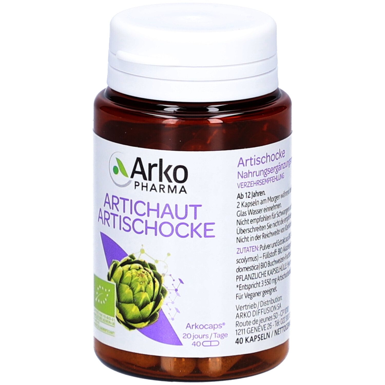 Braune Flasche mit weißem Deckel. Etikett mit Artischocken-Abbildung und Text. 40 Kapseln.