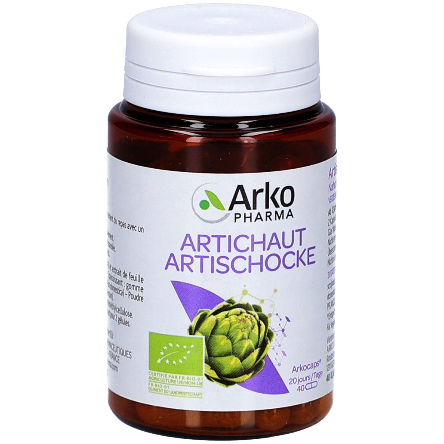 Braune Flasche mit weißem Deckel. Etikett mit Artischocken-Abbildung und Text. Bio-Zertifizierung.