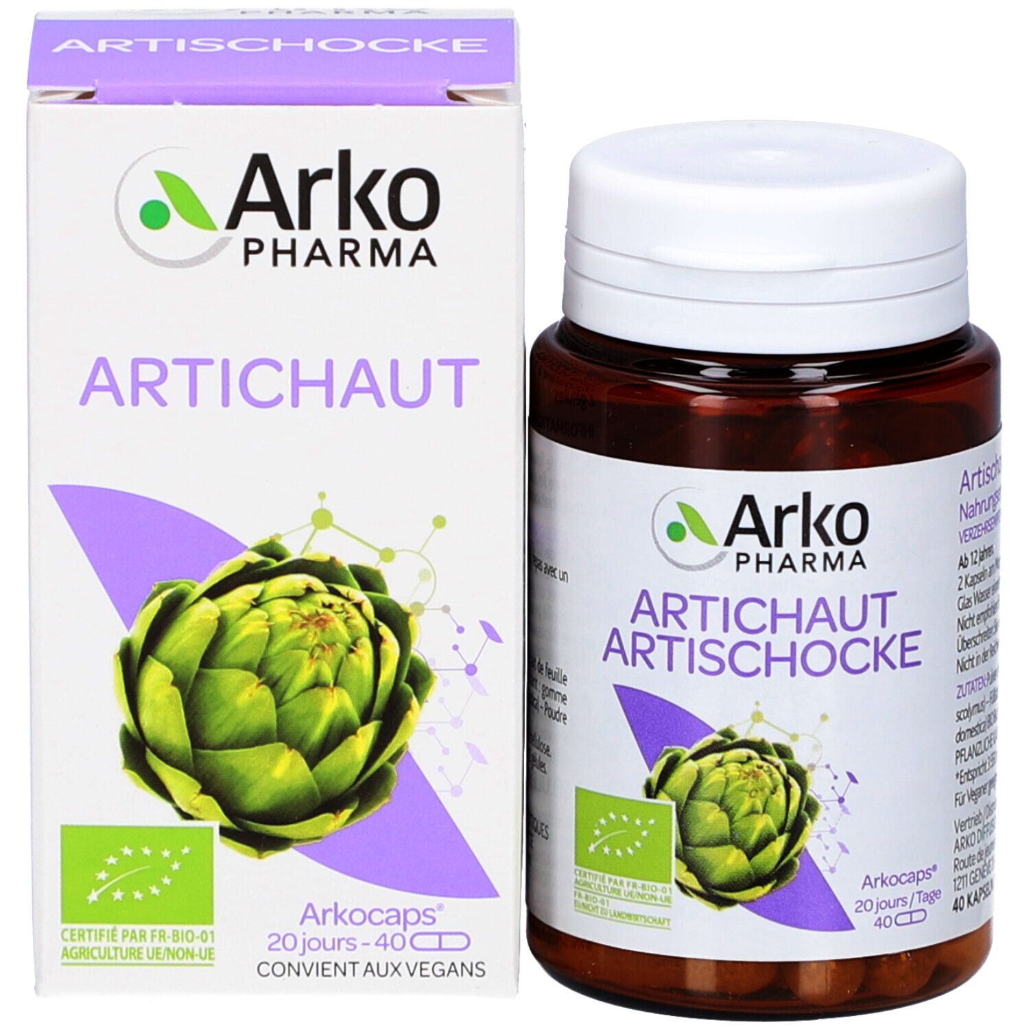 Produktverpackung mit Flasche und Karton. Karton mit Artischocken-Abbildung und Text. 40 Kapseln.