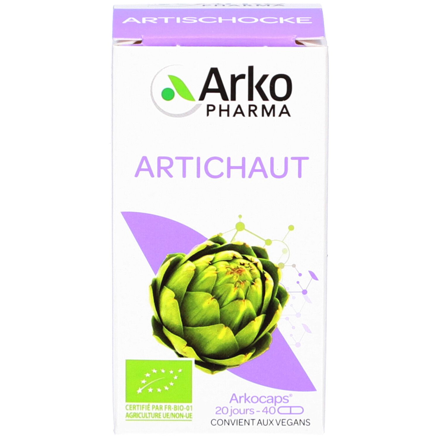 Kartonverpackung mit Artischocken-Abbildung und Text. Bio-Zertifizierung. 40 Kapseln.
