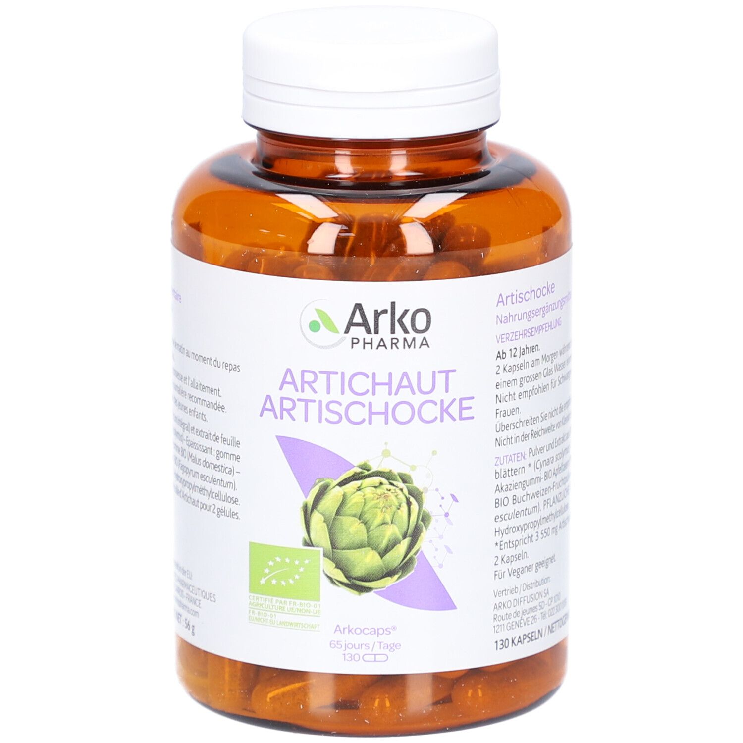 Braune Flasche mit Kapseln. Etikett mit Logo, Artischocke-Abbildung und Text. Bio-Zertifizierung.