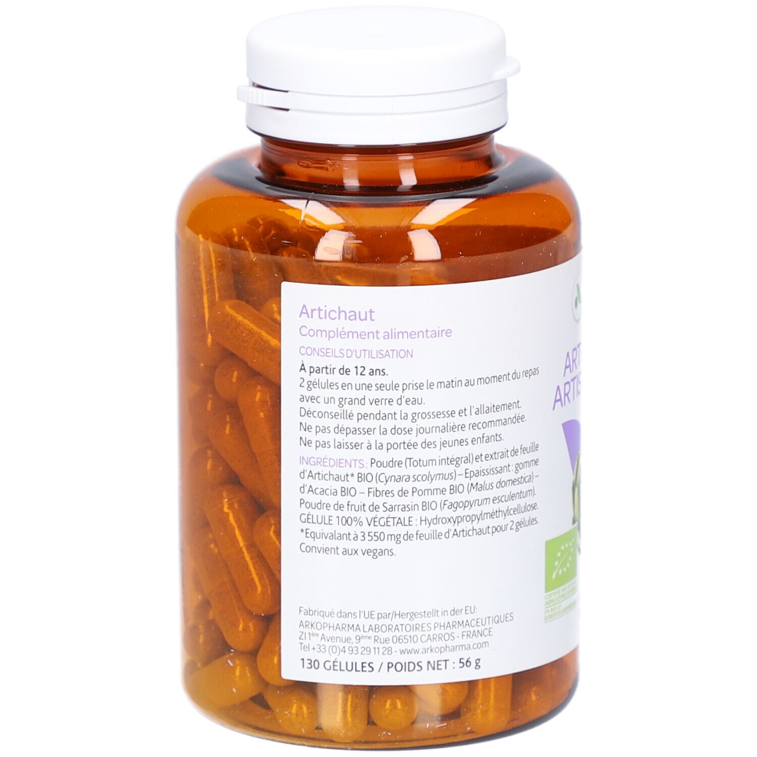 Braune Flasche mit Kapseln. Rückseite mit Text. Zutatenliste, Dosierungshinweise und Bio-Zertifizierung.