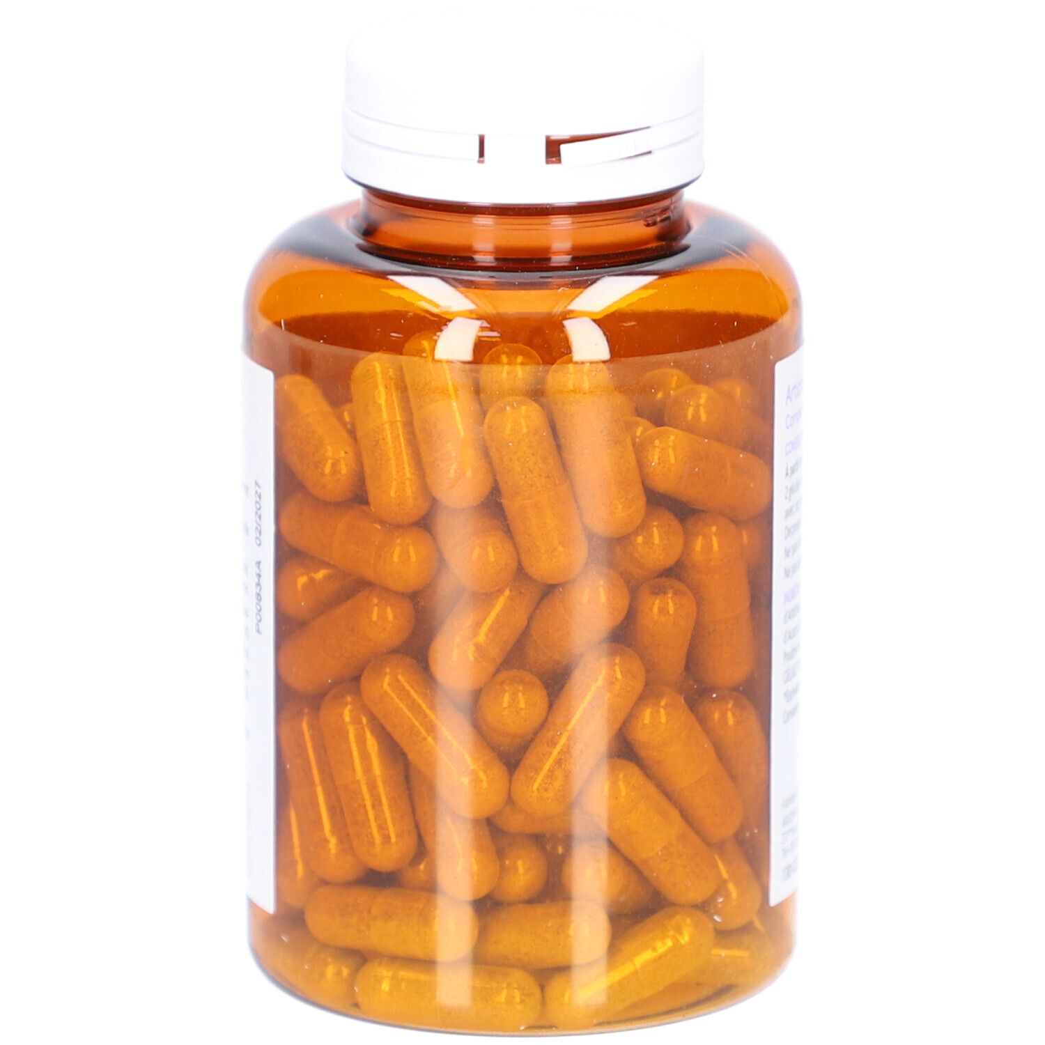 Braune Flasche mit Kapseln. Kapseln in der Flasche sichtbar. Weißer Deckel.